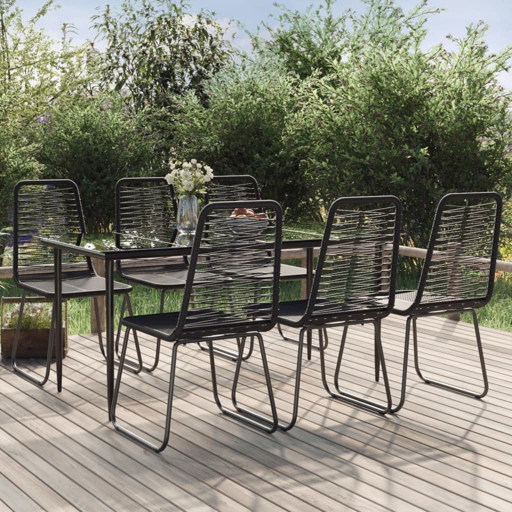 vidaXL Modern Outdoor 7 Piece Patio Dining Set with Sturdy Frame, Weather-Resistant Black Poly Rattan Furniture and Easy-Clean Tempered Glass Tabletop.