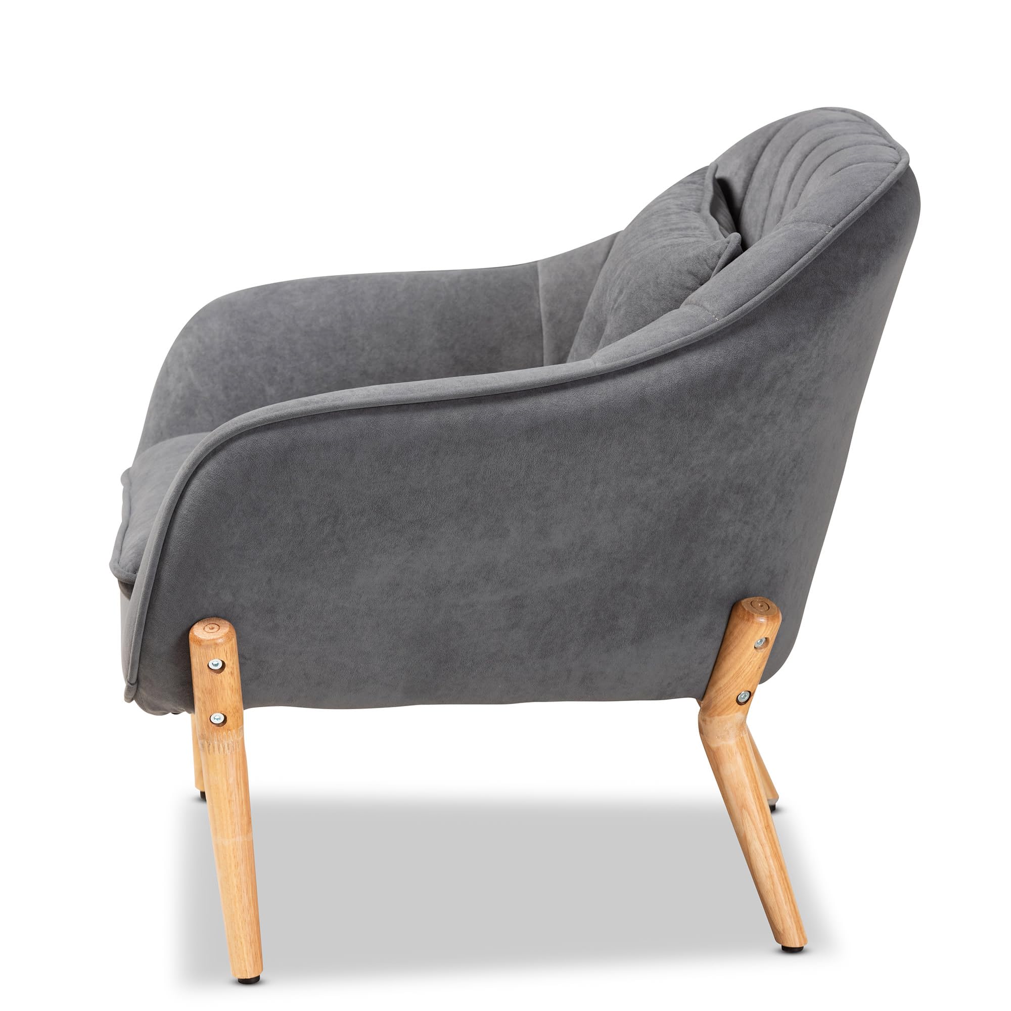 Baxton Studio Valentina Mid-Century Modern Transitional Grey Velvet Fabric Upholstered and Natural Wood Finished Armchair