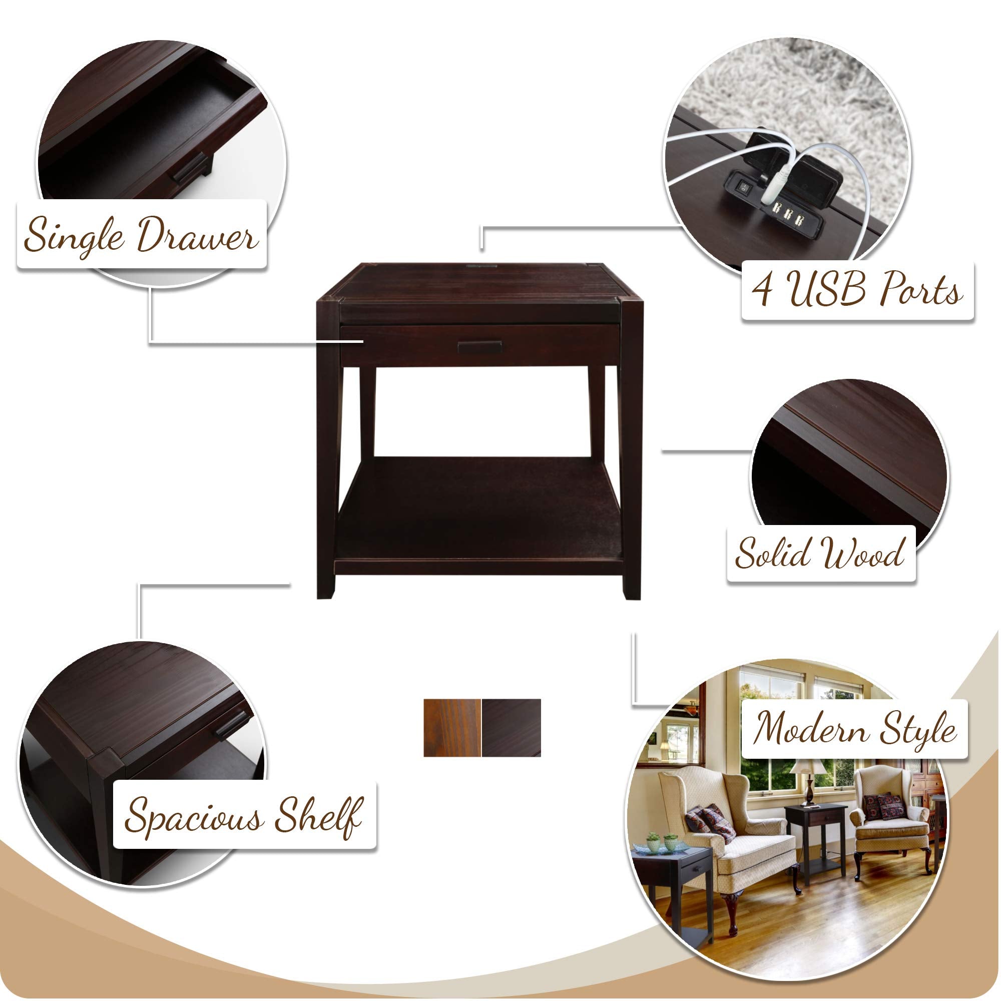 Casual Home Notre Dame Nightstand With Usb Ports-Warm Brown 18.75 In X 24 In X 26 In (D X W X H)