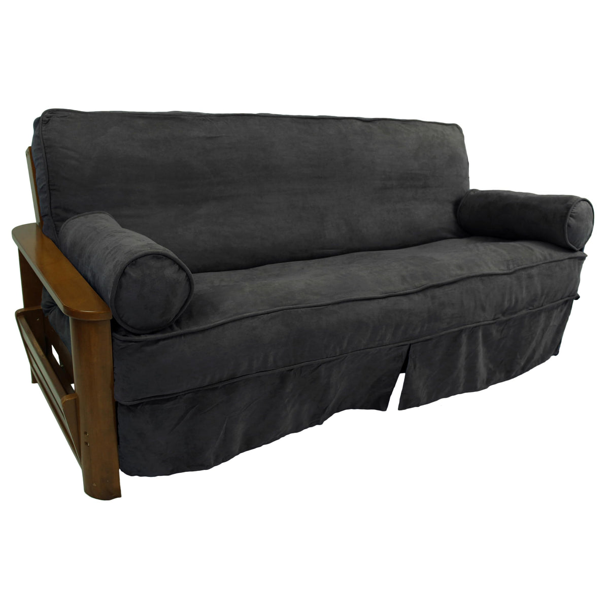 Blazing Needles Solid Microsuede Double Corded 8&quot; to 9&quot; Futon Slipcover Set with 2 Bolster Pillows (Set of 3), Full, Steel Grey