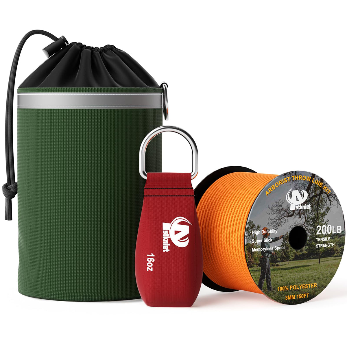 Aystkniet Arborist Throw Line Kit With Slick Rope & 16Oz Throw Weight & Reflective Storage Bag, Polyester Throw Line Spool And A