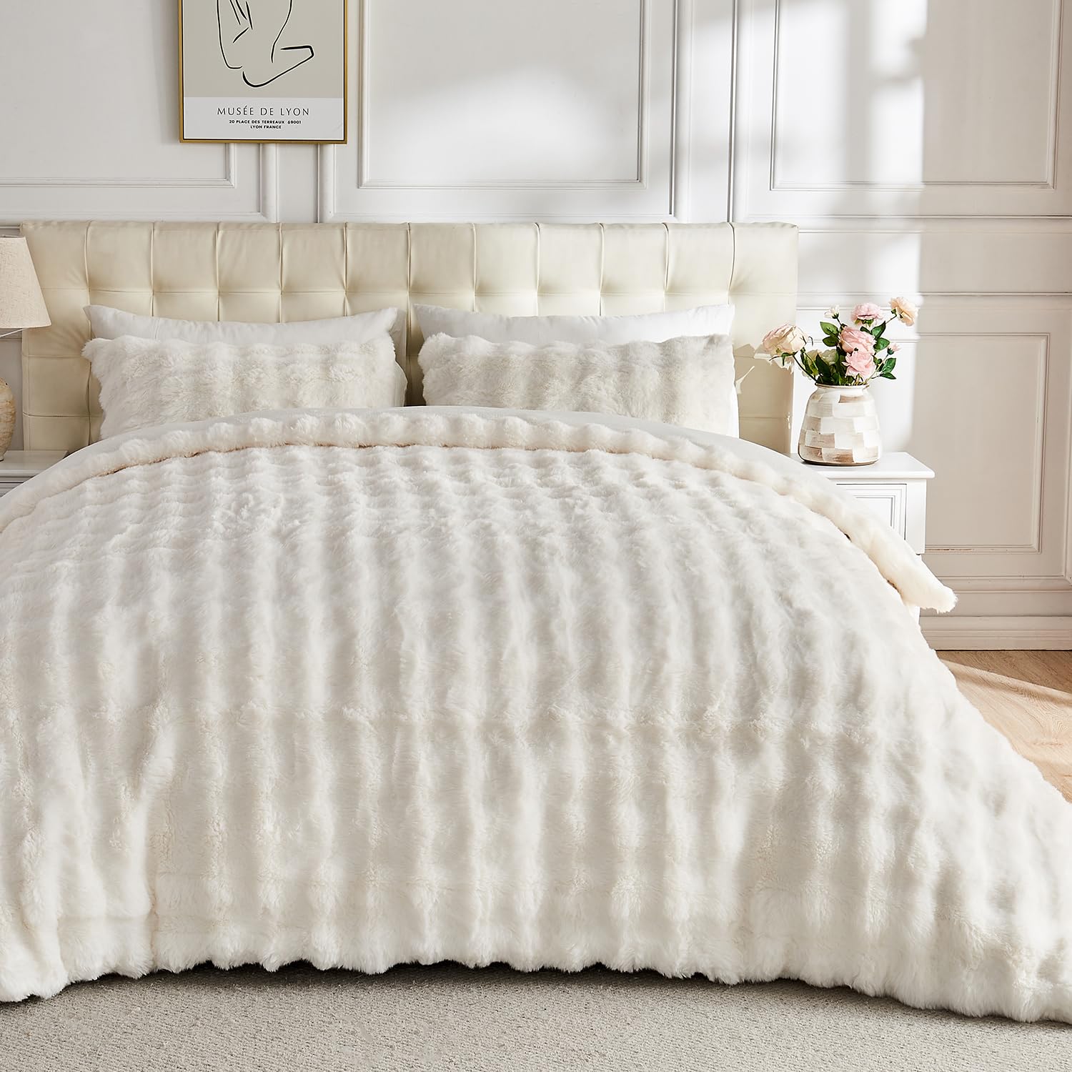 Lotus Karen Fluffy Comforter Cover Set-Rabbit Fluff Faux Fur Duvet Cover Queen Size,Cream White Plush Fuzzy Furry Bedding Sets 3