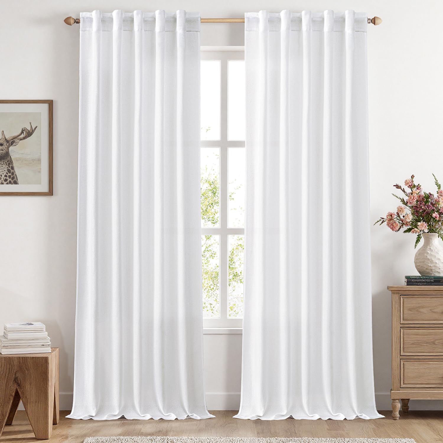 MIULEE Faux Linen Curtains 96 Inch Length 2 Panels Natural White Semi Sheer Curtain with Back Tab Rod Pocket, Light Filtering Wi