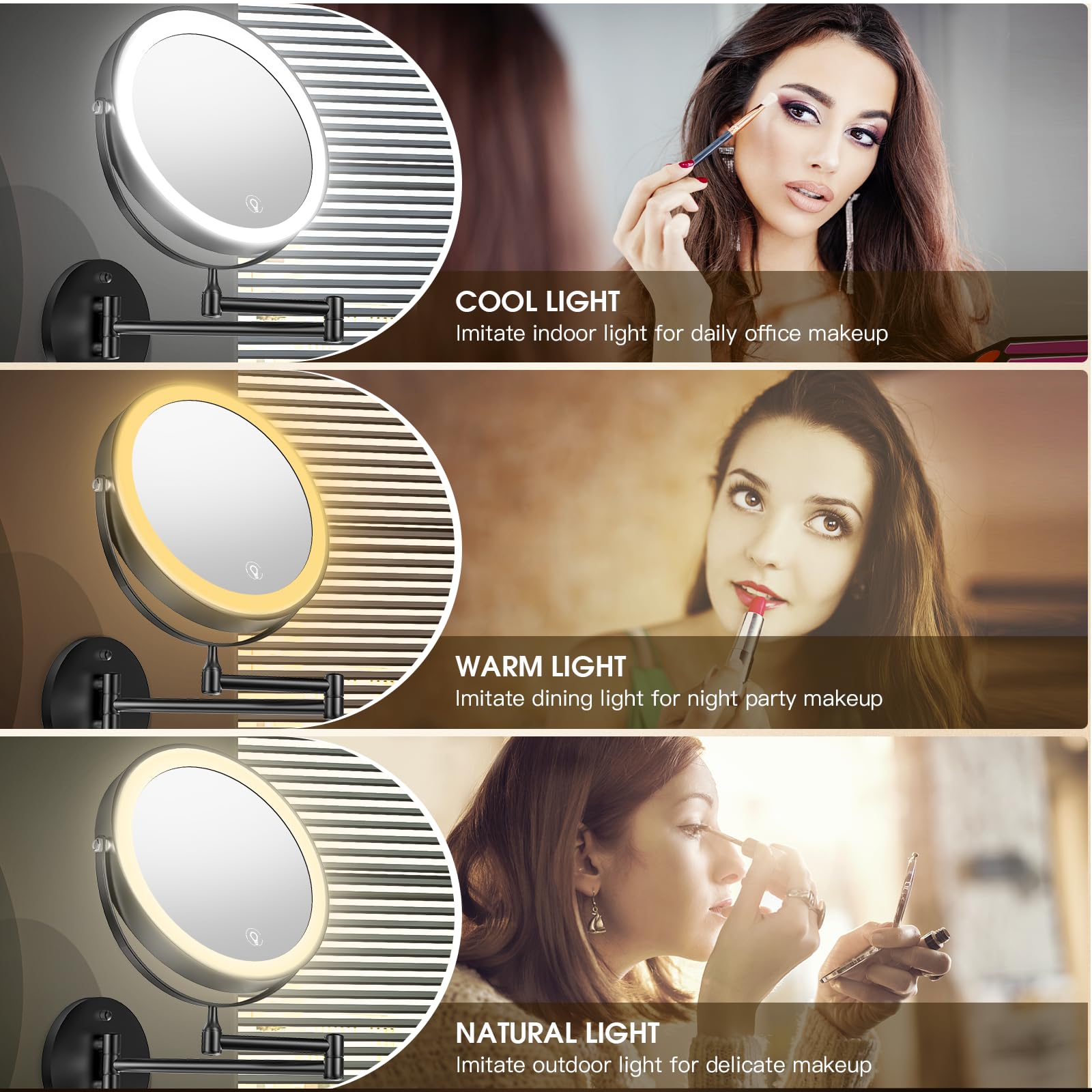 Mnient Wall Mounted Lighted Makeup Mirror,8' Rechargeable Double-Sided Magnifying Mirror 1X/10X,3 Color Led Vanity Mirror With