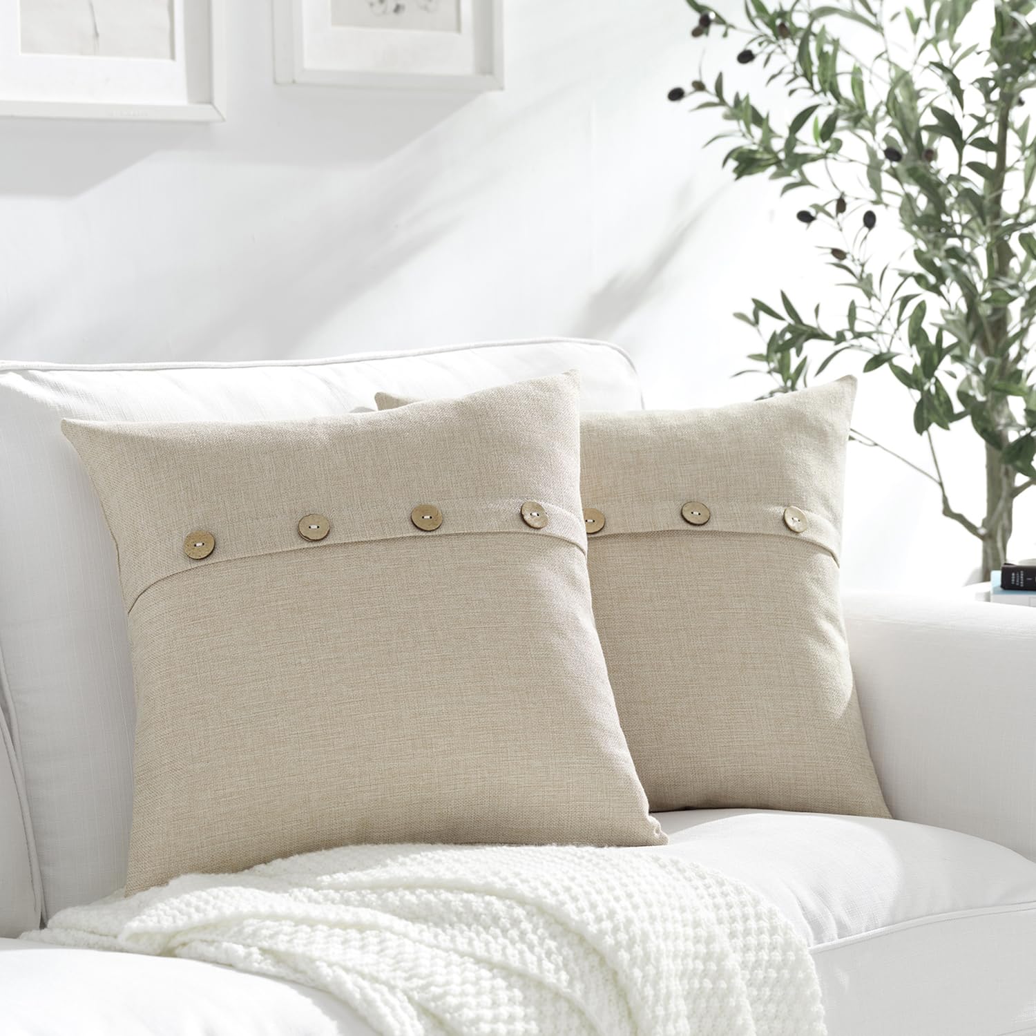 Meekio Set Of 2 Biscotti Beige Square Pillow Covers 16 X 16 Farmhouse Linen Pillow Covers With Coconut Buttons For Sofa Couch Li