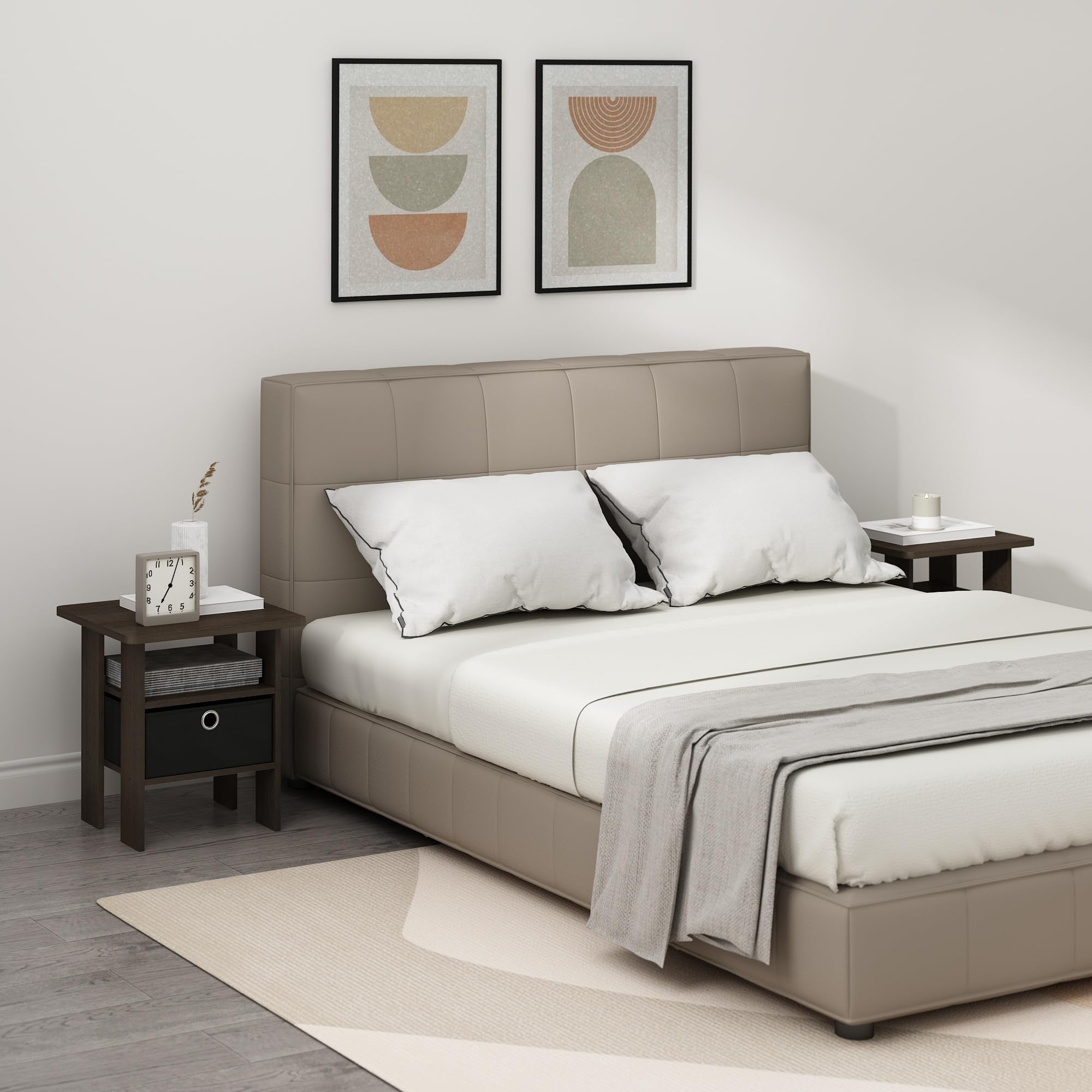 Furinno Tidur Bedside Table Nightstand With Bin Drawer, Dark Brown/Black, Set Of 2