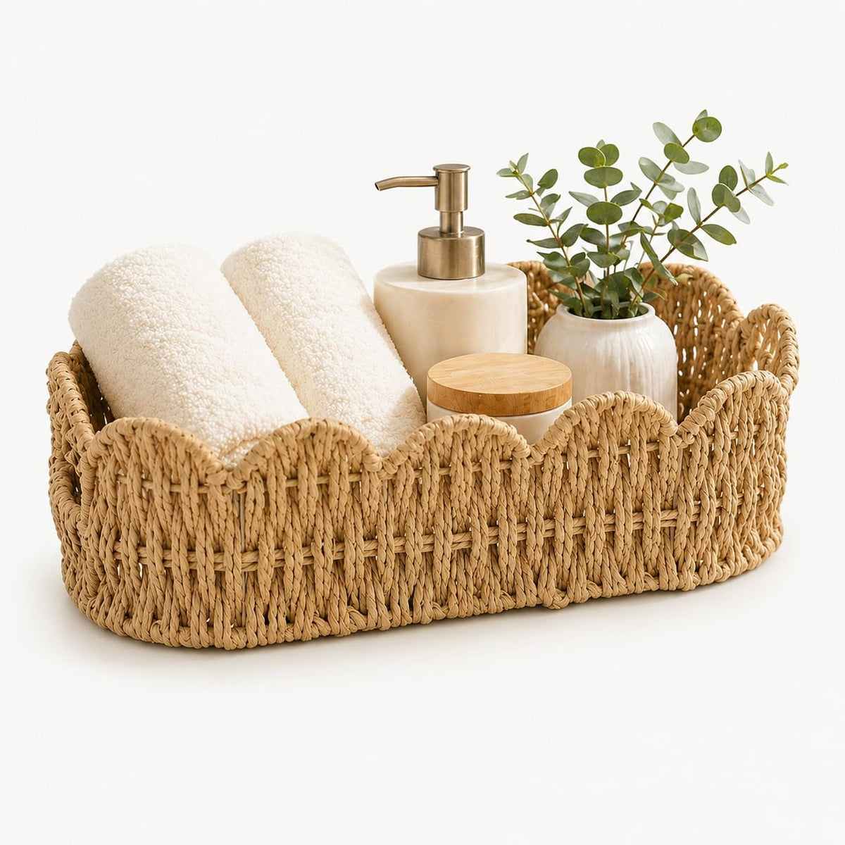 Rattanzenith Scalloped Toilet Tank Basket, Back of Toilet Paper Basket