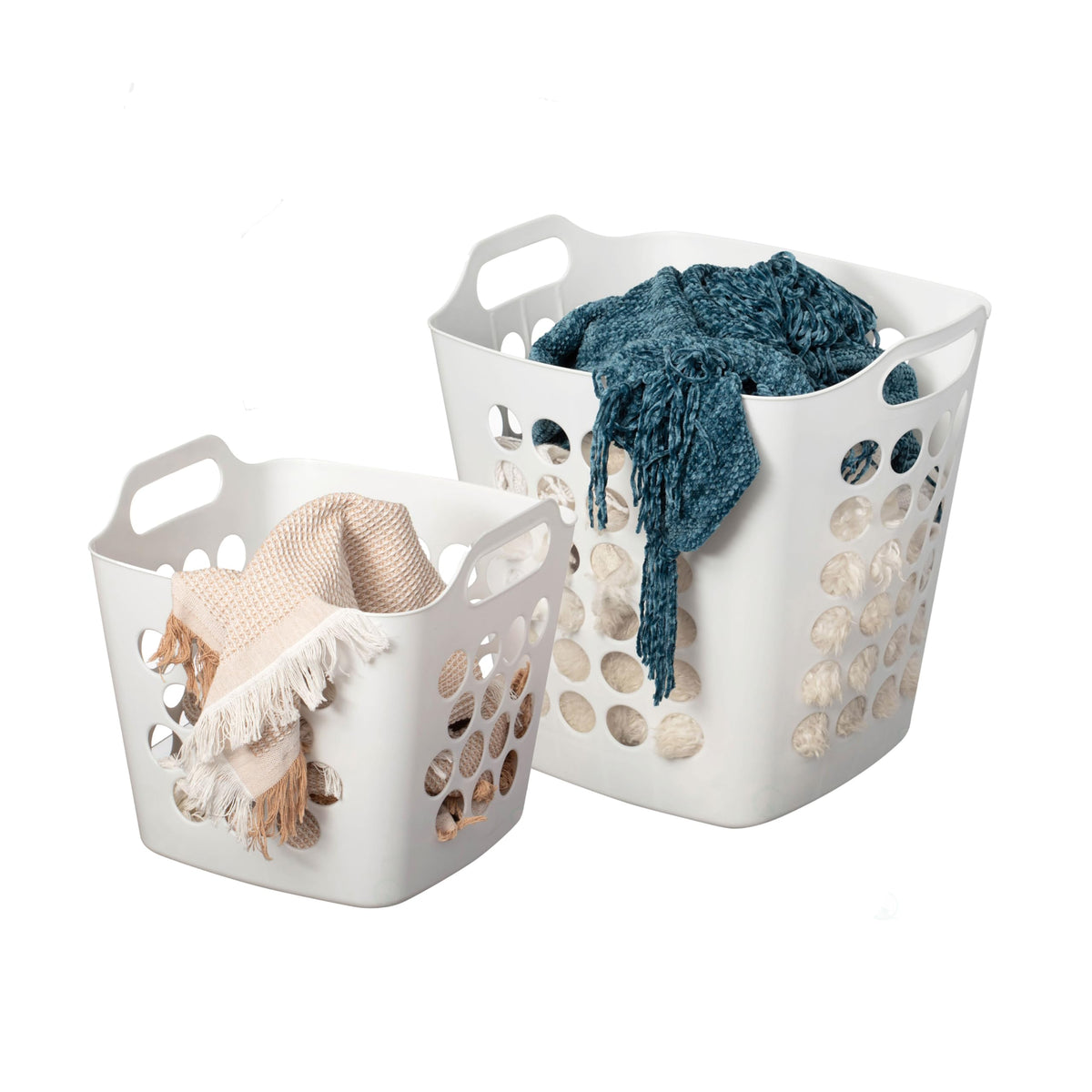Basicwise Set of 2 Plastic Laundry Baskets with Handles Large & Small Ventilated Hampers for Clothes Storage & Organization Ligh