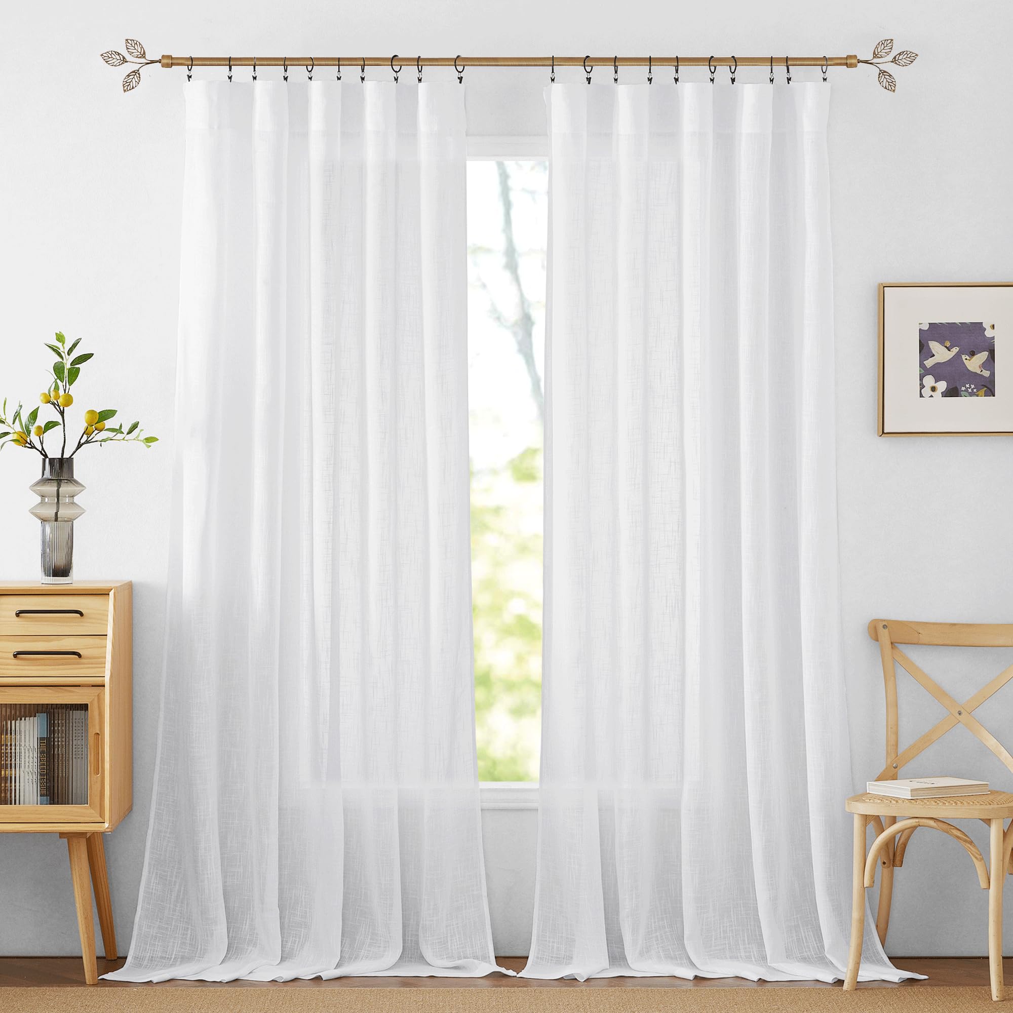 RYB HOME Sheer Linen Textured Curtains Semi Sheers Drapes Light Airy Breathable Fabric Window Decor for Patio Door Living Room D