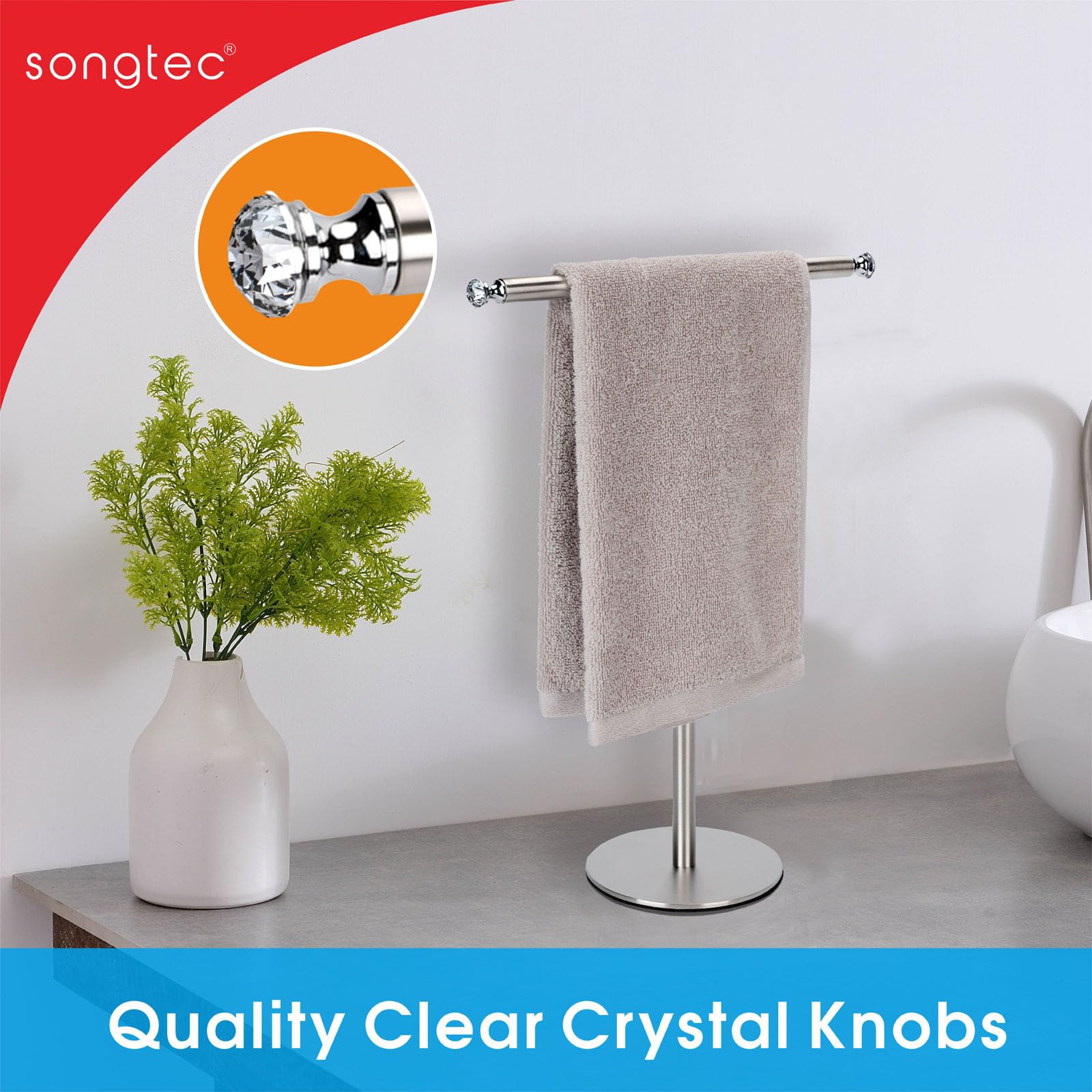 Songtec Hand Towel Holder Stand With Crystal Knobs, Fingertip Towel Rack, Rust-Proof Accessories Jewelry Stand - Brushed Nickel