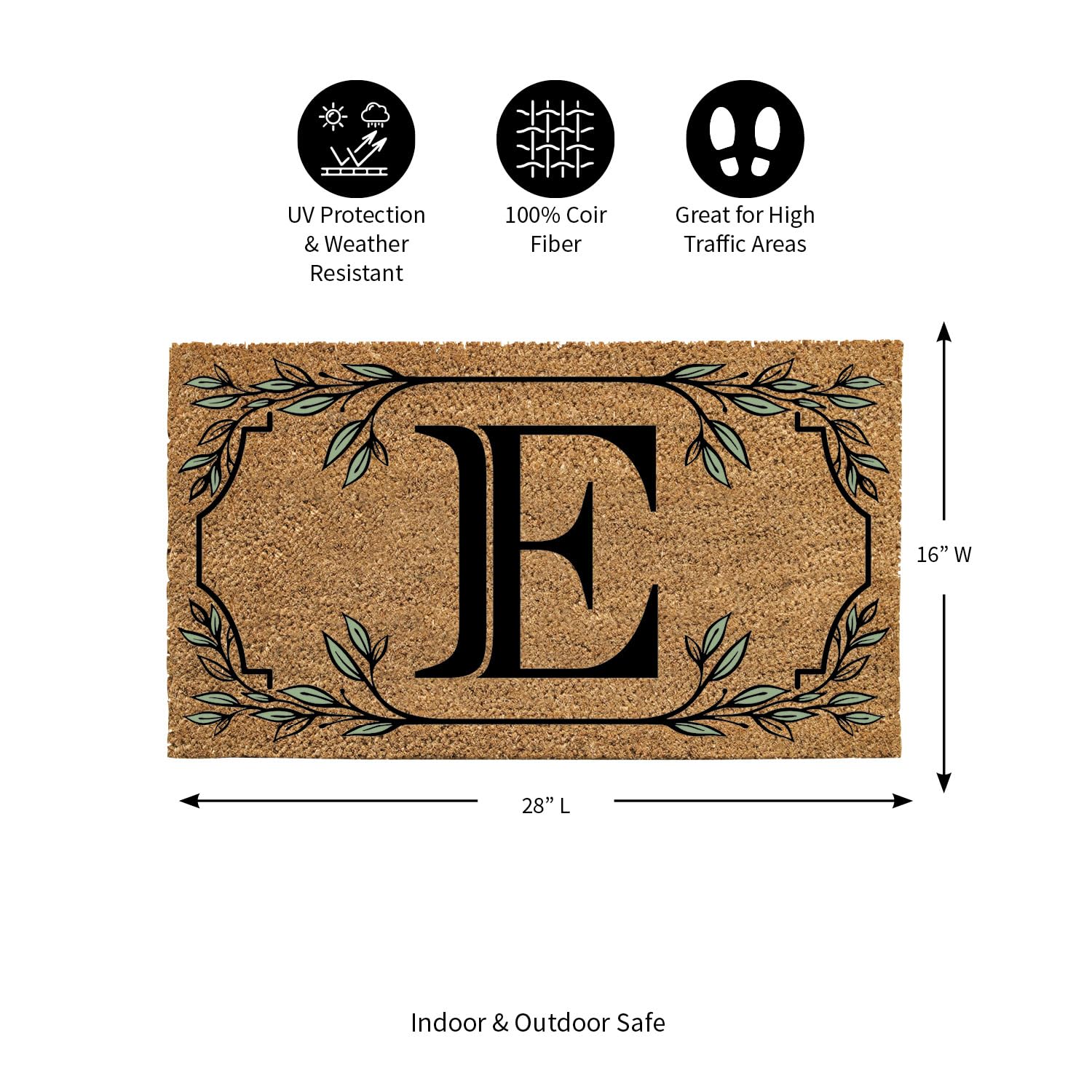 Evergreen Monogram Coir Doormat | Letter E | Front Door Mat For Outdoor Indoor Entrance | 28X16 Inches | Non-Slip Backing Doorwa