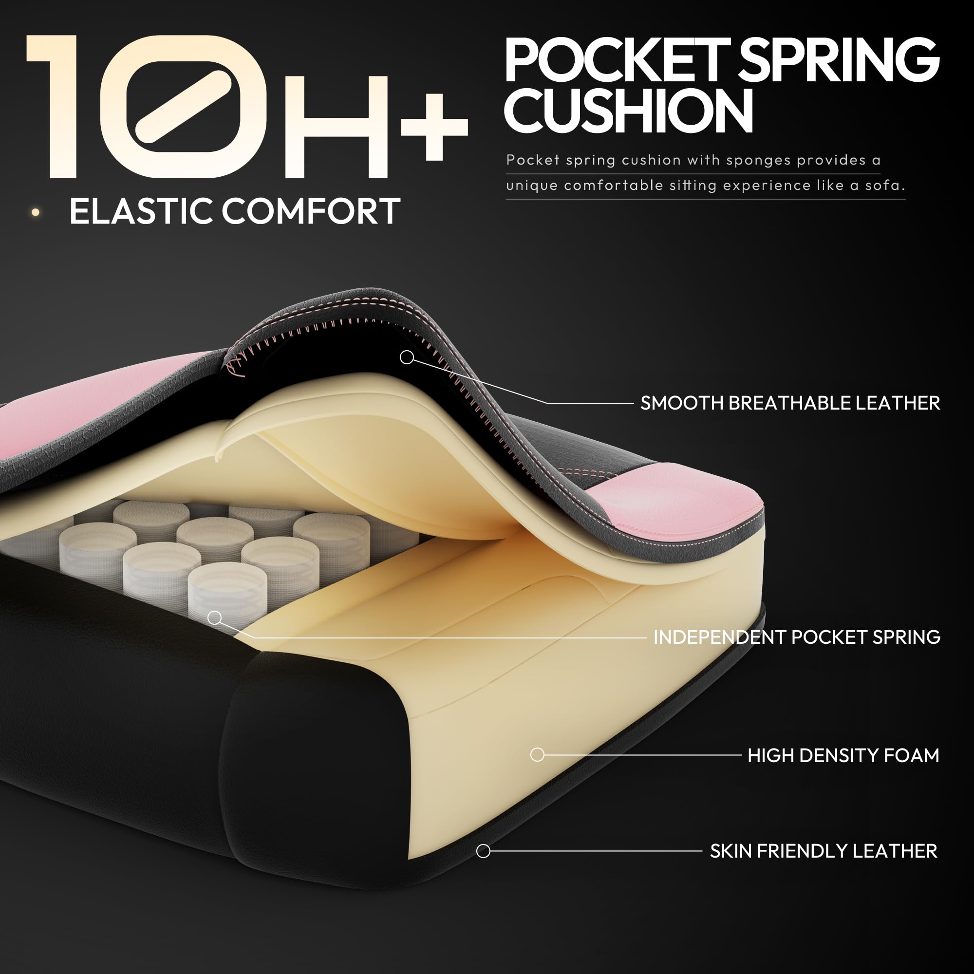 Dowinx Gaming Chair With Pocket Spring Cushion And Footrest, Ergonomic Game Chair With Massage Lumbar Support For Adults, High Back Leather Computer Chair For Office Gaming 300Lbs, Pink