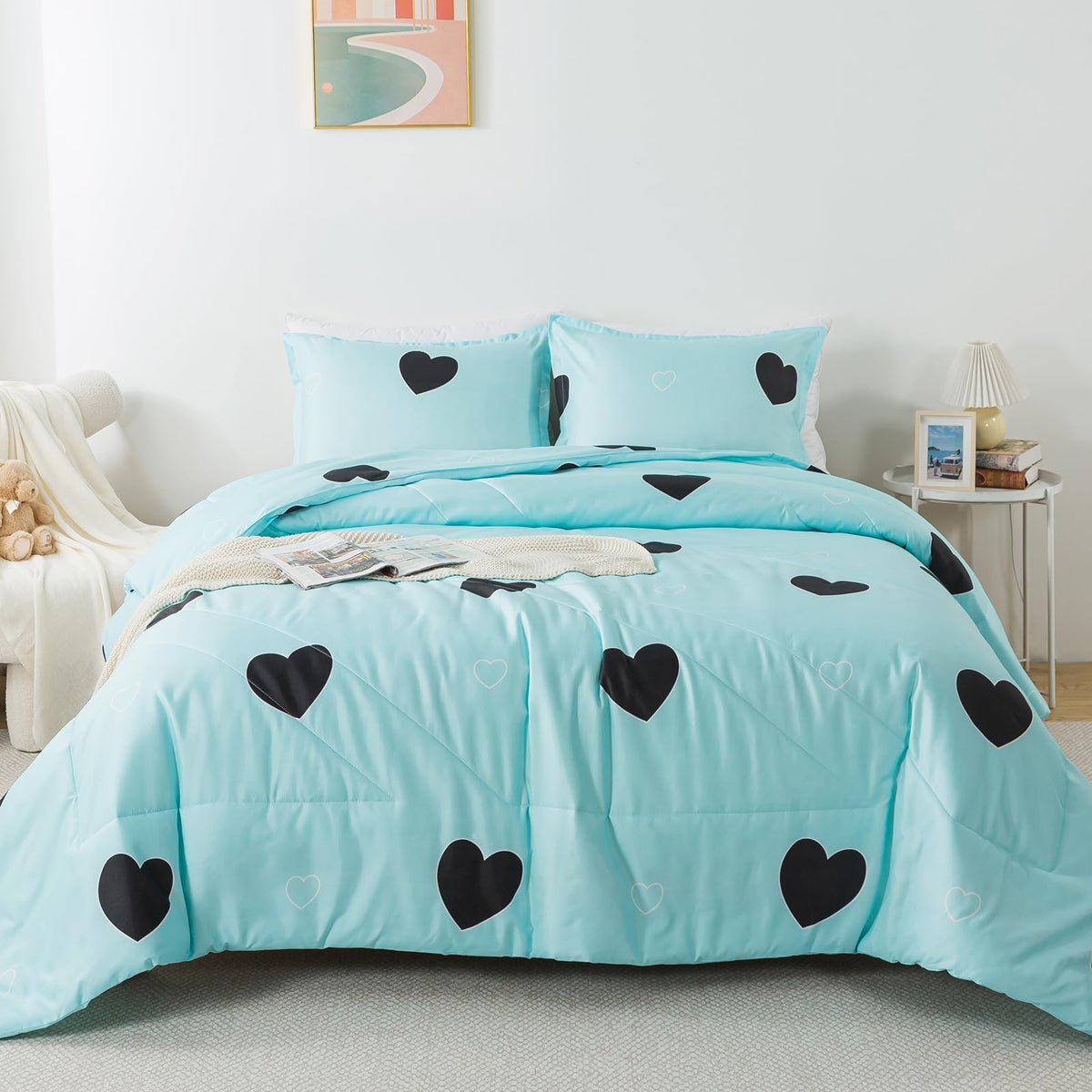 Caressma Blue Love Comforter Set King Size, Cute Heart Pattern Bedding Comforter For Girls Women, 3 Pieces Soft Microfiber Fluff