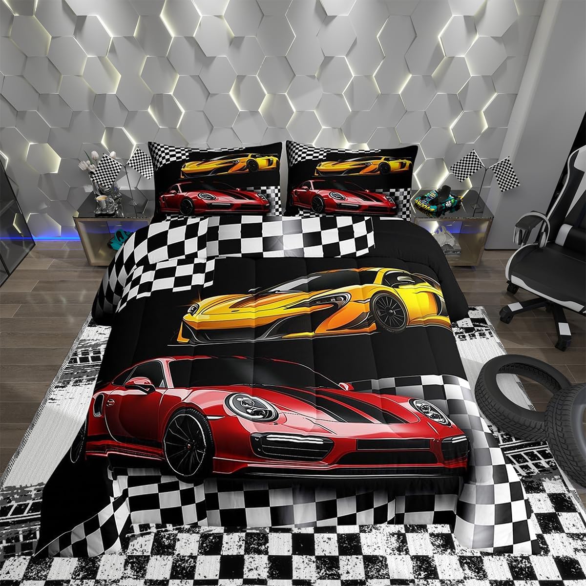 Manfei Sports Car Comforter Set Queen Size, Red And Yellow Racing Car Bedding Set 3Pcs For Kids Boys Teens Bedroom Decor, Black