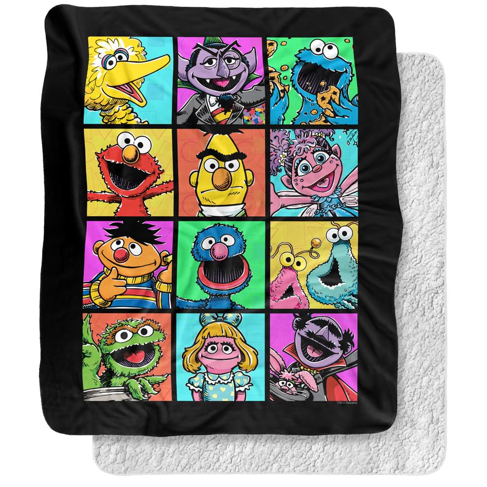 Sesame Street Blanket, 50'X60', Hand Drawn Squares Silky Touch Sherpa Back Super Soft Throw Blanket