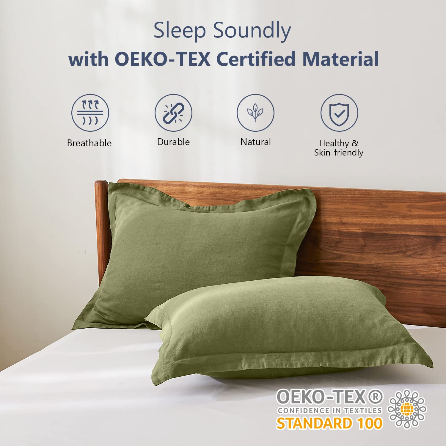 Simple&Opulence 100% Belgian Linen Pillow Shams -Set Of 2, Standard Size - Basic Style Breathable Pure Linen Suitable For Home - Soft Durable Envelope Closure Pillowcases (20''X 26'', Olive Green)