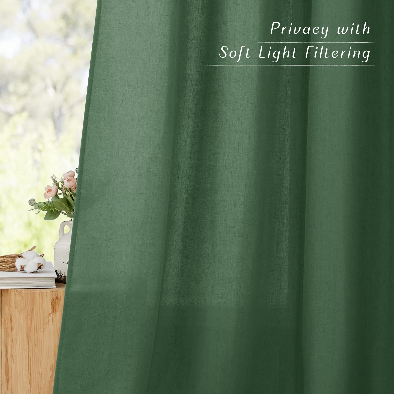 Nicetown Olive Green Curtains 84 Inch Length 2 Panels, Grommet Linen Blend Privacy Added Thick Flax Boho-Chic Light Filtering Semi Sheer Window Drapes For Home Office/Living Room, W55 X L84