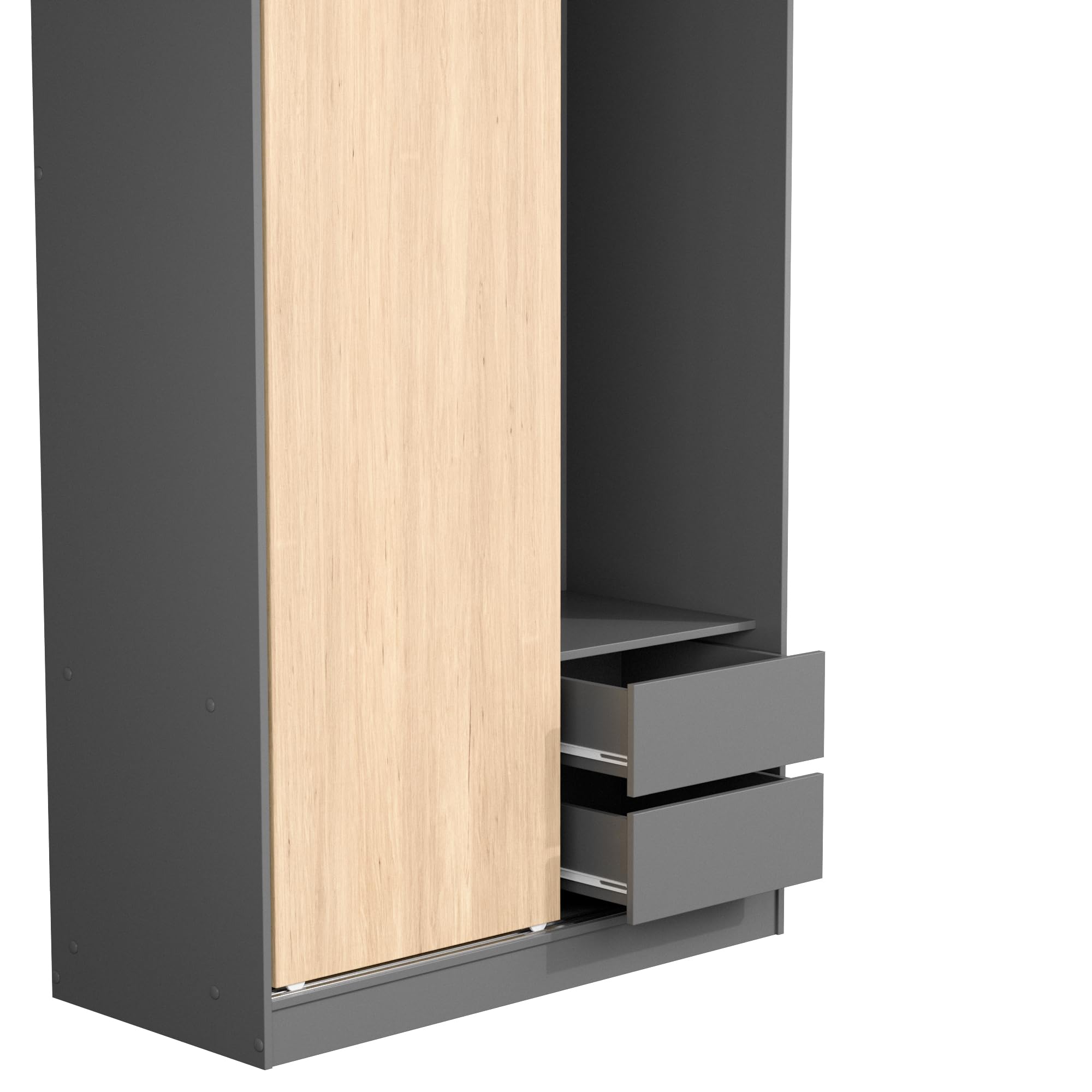Woodpeckers Furniture And Mattress Modern Wood Double Sliding Door Wardrobe (Natural Oak + Dark Gray)