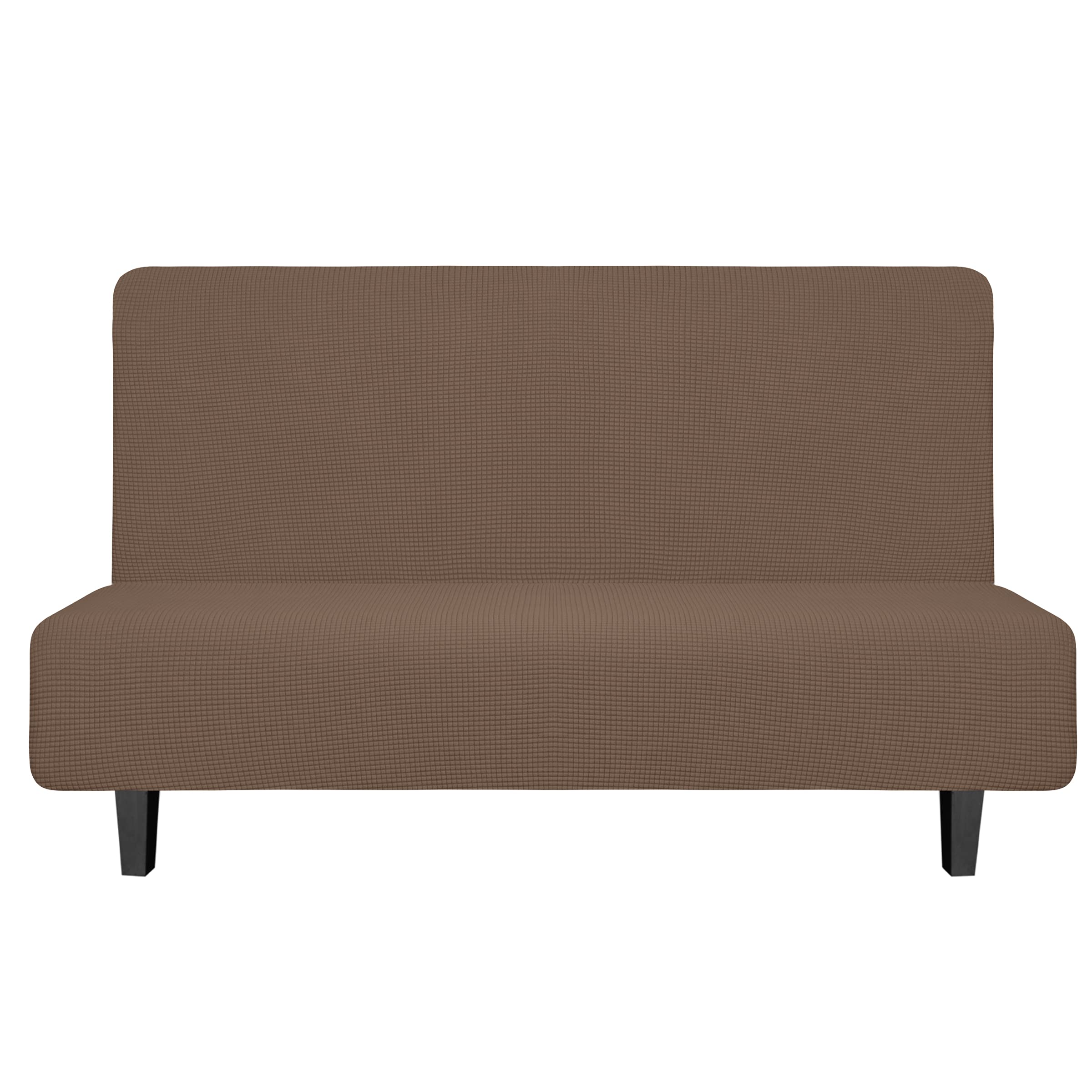 Easy-Going Stretch Futon Slipcover Armless Futon Bed Cover Furniture Protector Without Armrests With Elastic Bottom For Kids, Soft Jacquard Fabric Small Checks (Medium, Brown)