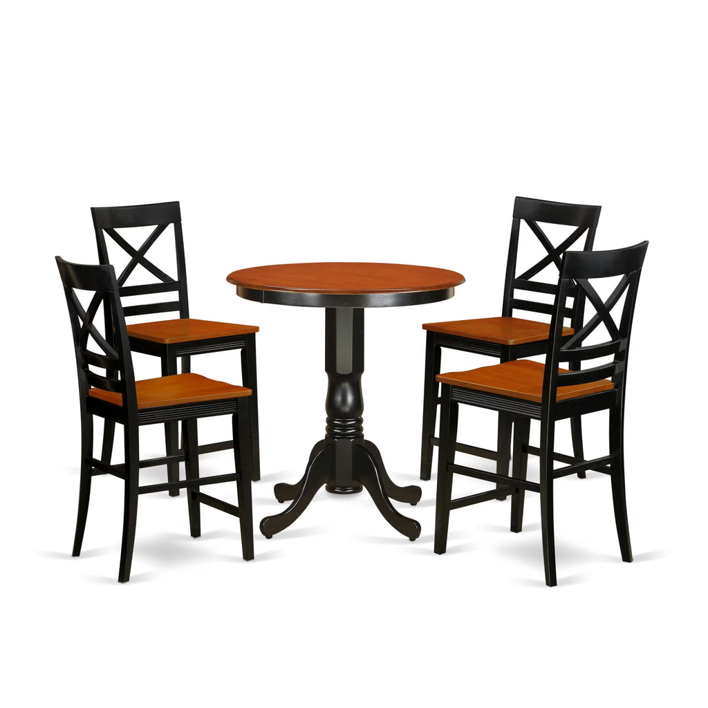 East West Furniture EDQU5-BLK-W 5 Piece Counter Height Dining Set Includes a Round Kitchen Table with Pedestal and 4 Dining Room Chairs, 30x30 Inch, Black & Cherry