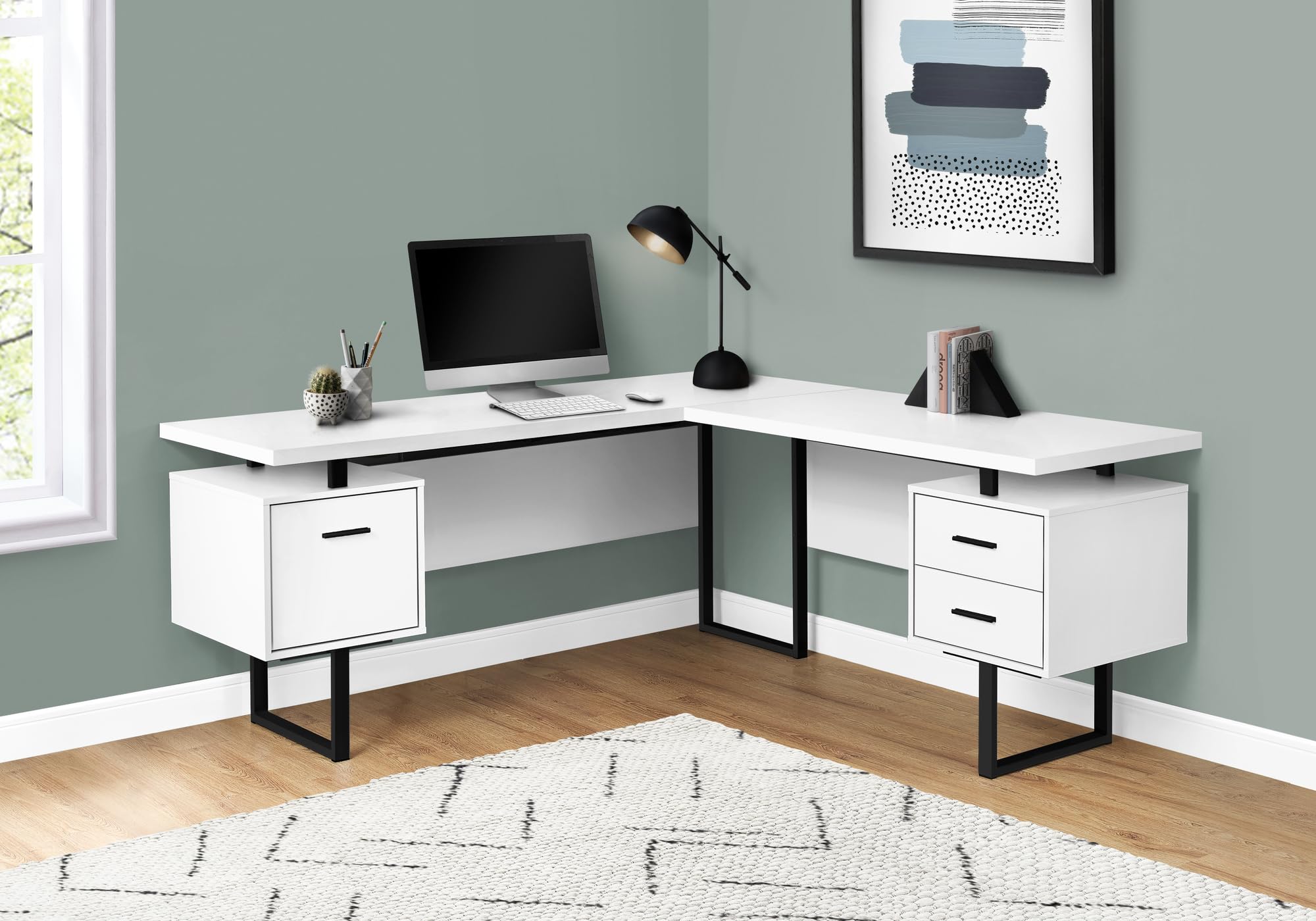 Monarch Specialties I 7616 Computer Desk, Home Office, Corner, Left, Right Set-up, Storage Drawers, 70' L, L Shape, Work, Laptop, Metal, Laminate, White, Black