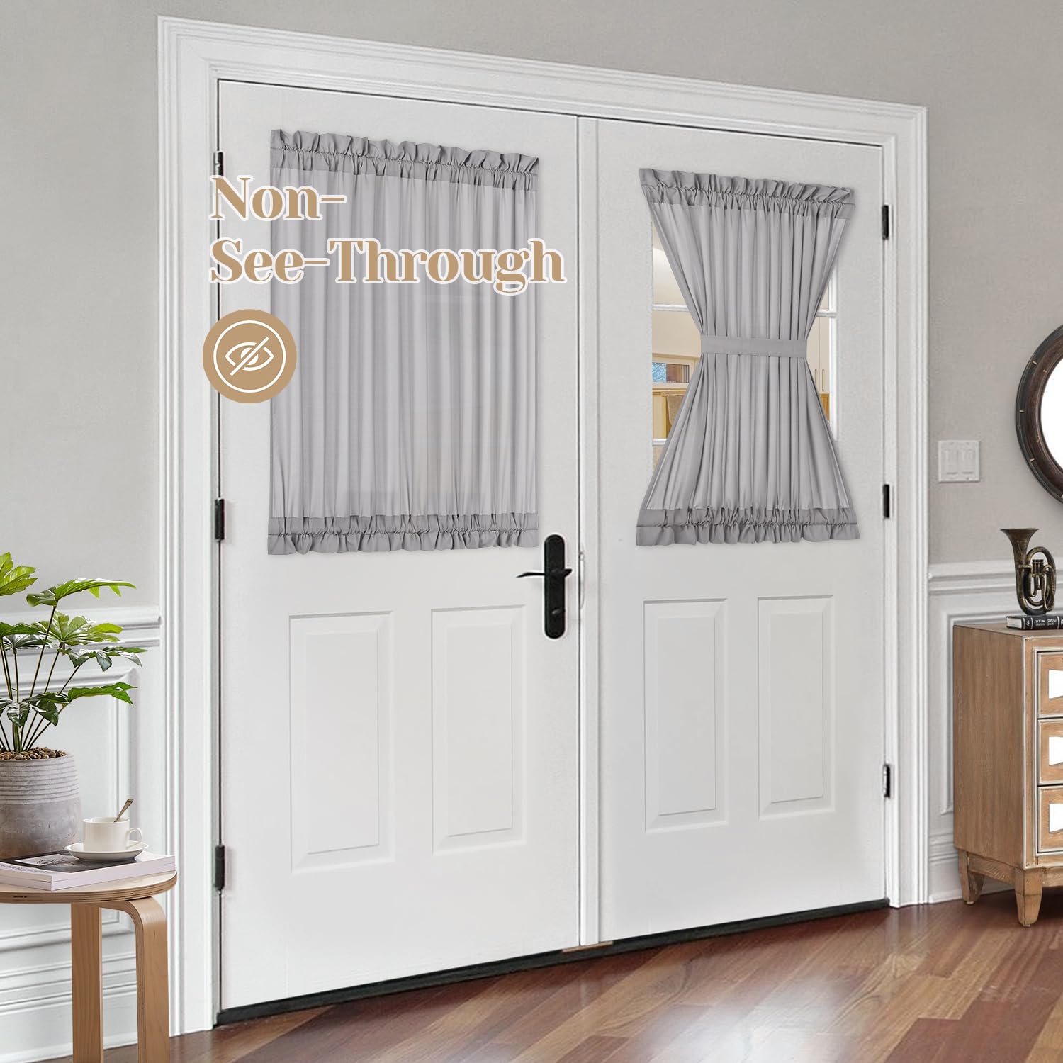 Homeideas Non-See-Through French Door Curtains Set Of 2 For Front Door, Privacy Semi Sheer Door Window Curtains, Rod Pocket Light Filtering Door Covering With Tieback, (Light Grey, 54W X 40L)