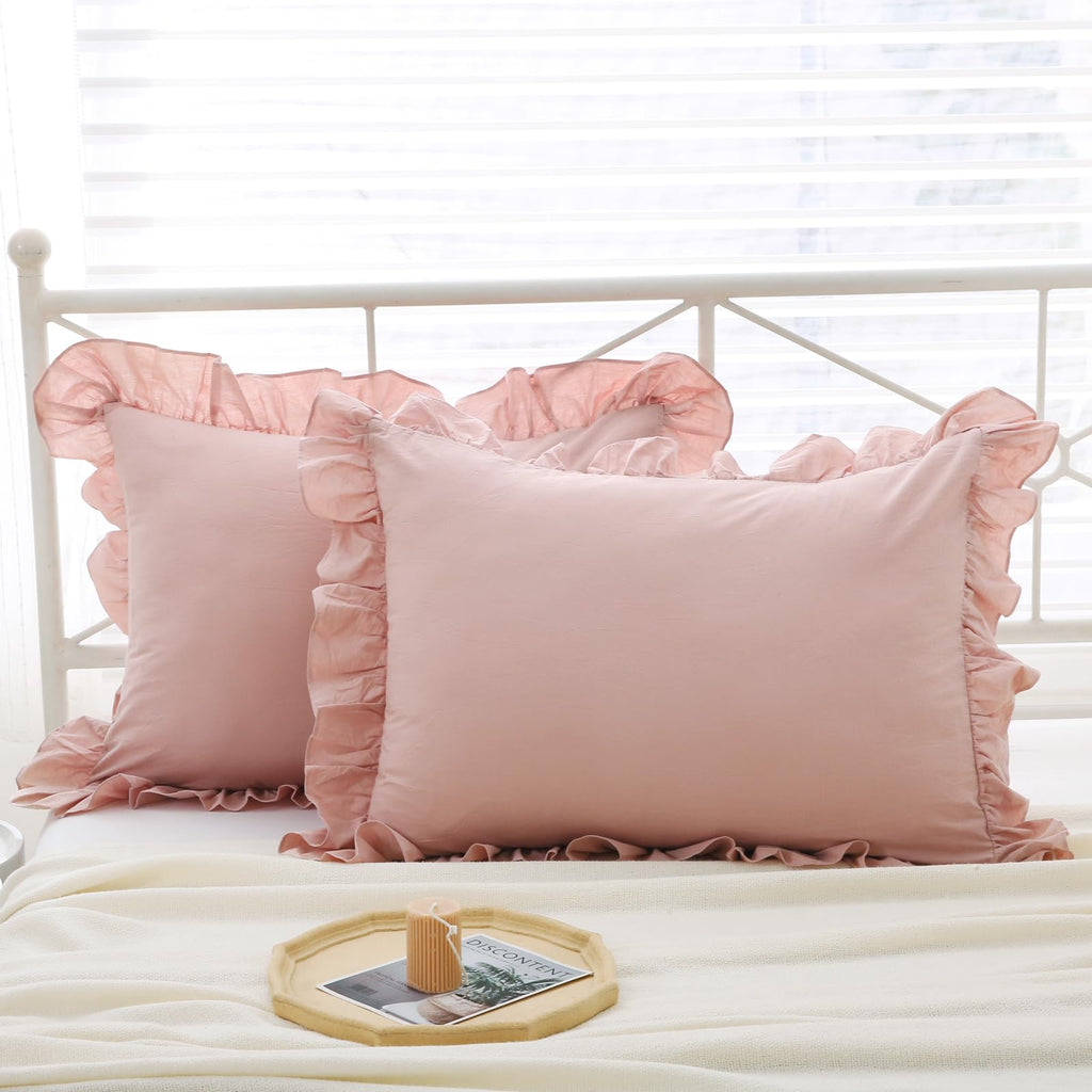 Mywinlle Ruffle Pillowcases Farmhouse Pillow Shams Standard Set Of 2,Shabby Dusty Pink Ruffled Pillow Caseswashed Cotton Pillow
