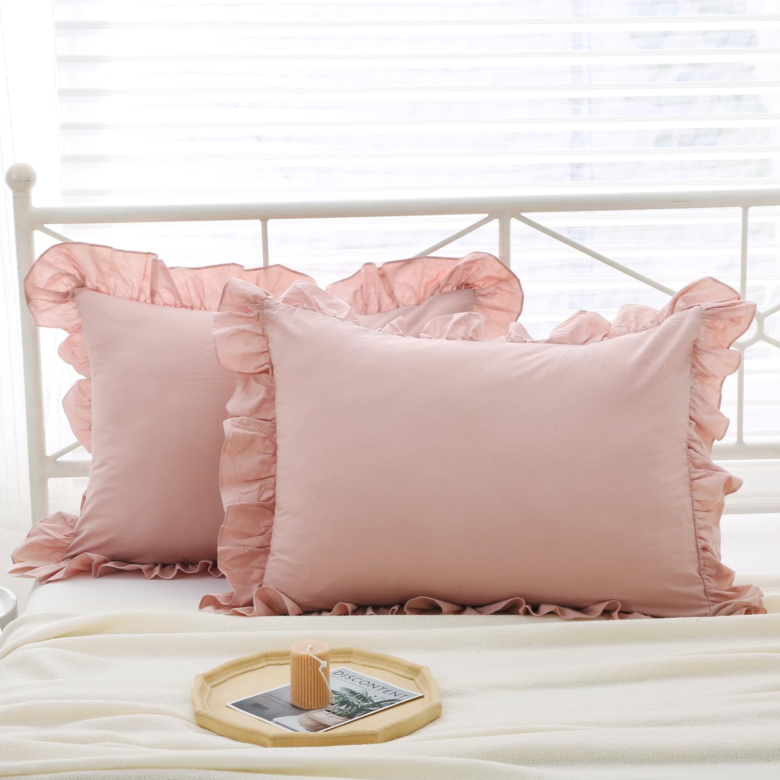 Mywinlle Ruffle Pillowcases Farmhouse Pillow Shams Standard Set Of 2,Shabby Dusty Pink Ruffled Pillow Caseswashed Cotton Pillow