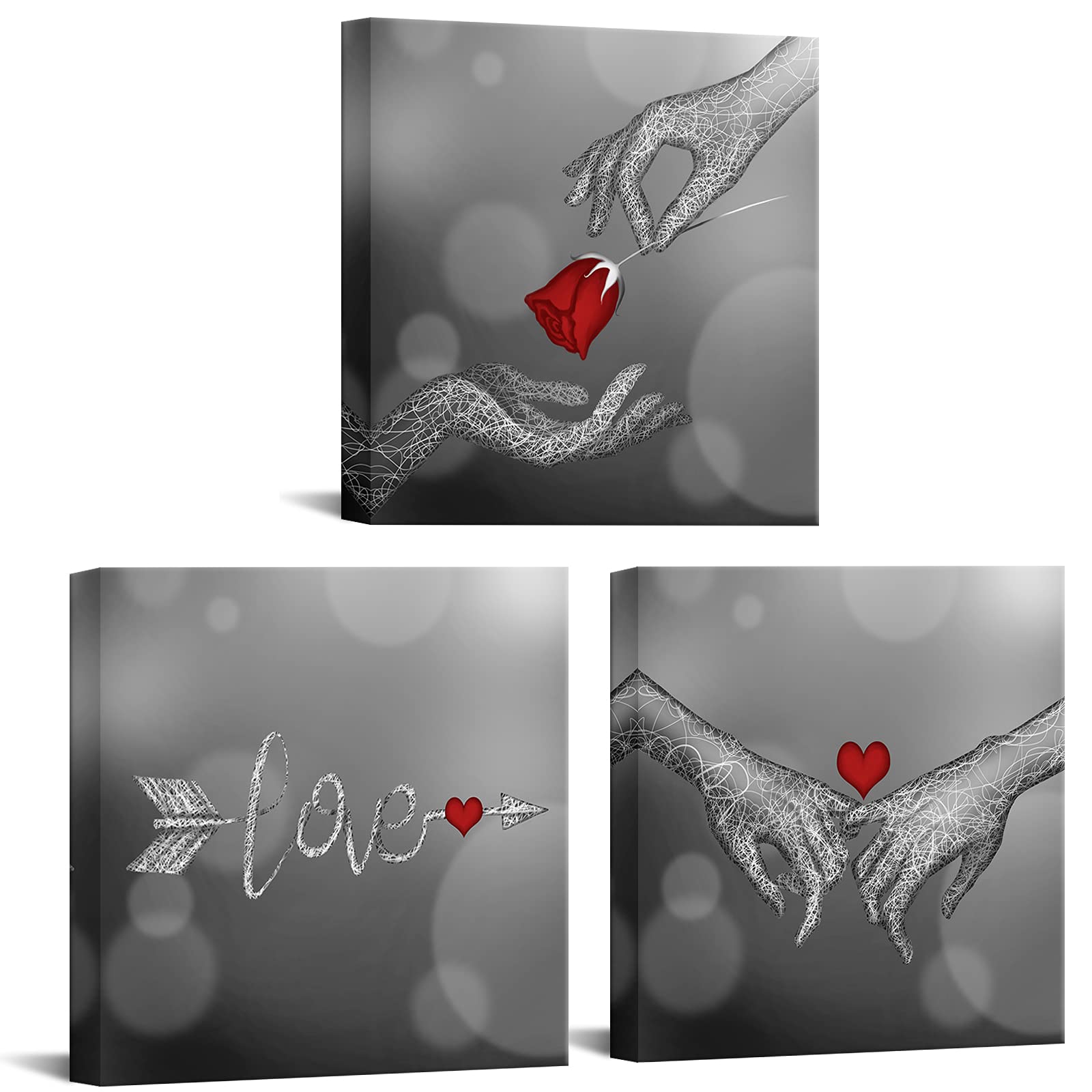 Biuteawal Love and Hand in Hand Wall Art Red Rose Floral Heart Painting Canvas Print Romantic Picture Poster Home Bedroom Bathro