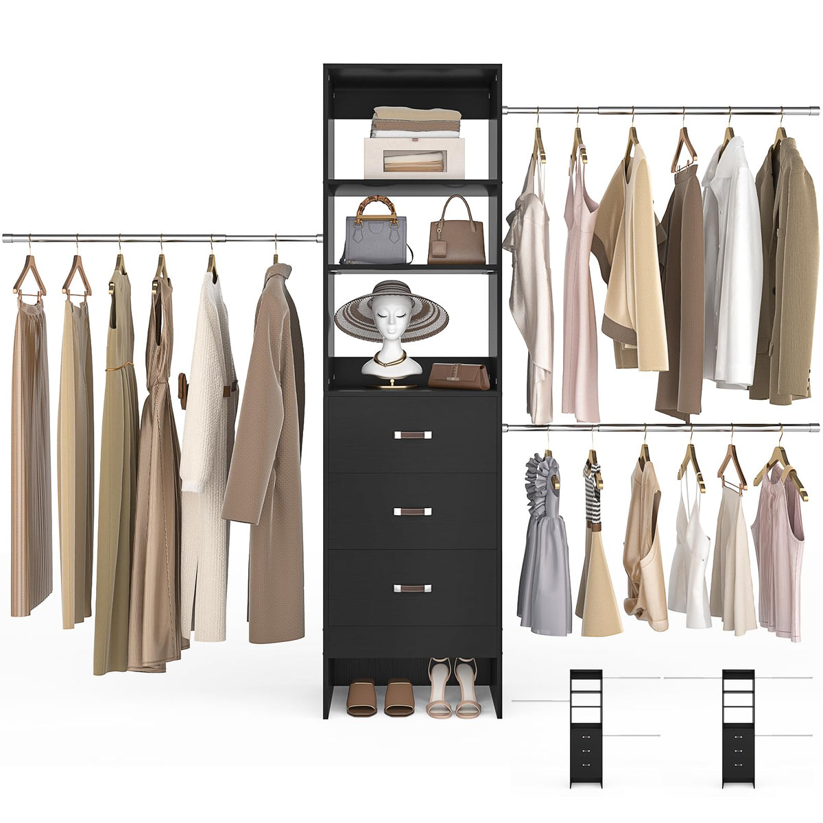 Besiost 96 ' ' Closet Organizer System With 3 Hanging Rods (Without 3 Storage Shelves), 8Ft Closet Systems, Wall Mount Bedroom W