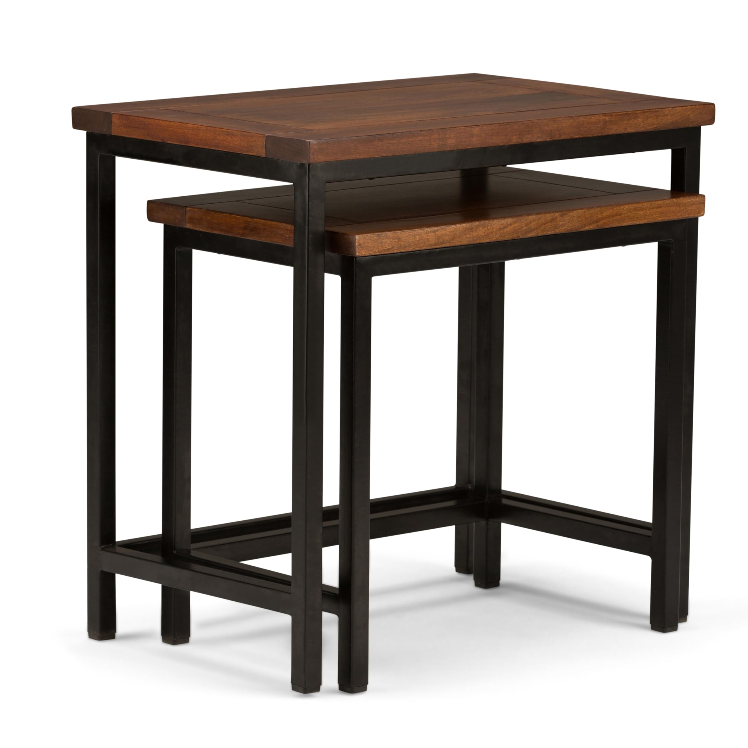SIMPLIHOME Skyler SOLID MANGO WOOD and Metal 25 inch Wide Rectangle Industrial Nesting 2 Pc Side Table in Dark Cognac Brown, Ful