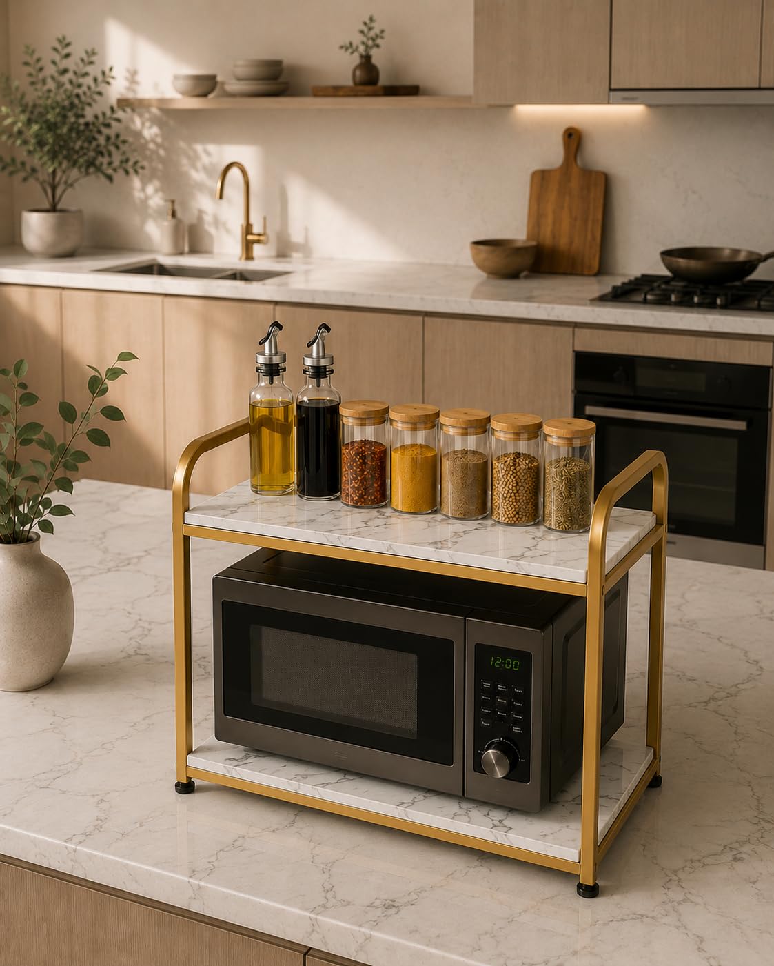 Dime Arts Shoppee MultiTier Heavy Duty Microwave Stand, Metal Kitchen Shelf Countertop Organizer, Holds Up To 200 Lbs, Space Sa