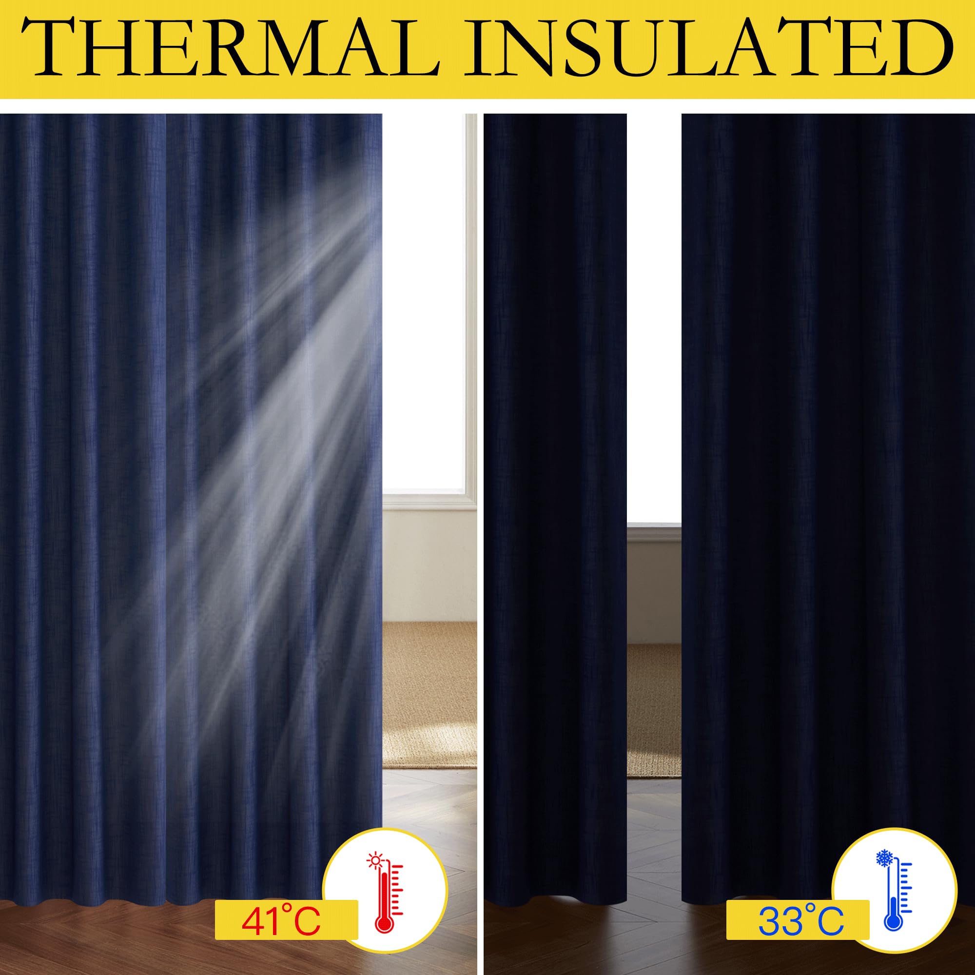 Nicetown 100% Absolutely Blackout Linen Curtains With Thermal Insulated White Liner, Dark Blue, 52' Wide, 2 Pieces, Privacy Vertical Window Drapes For Office Laundry Living Room Windows 84 Inch Long