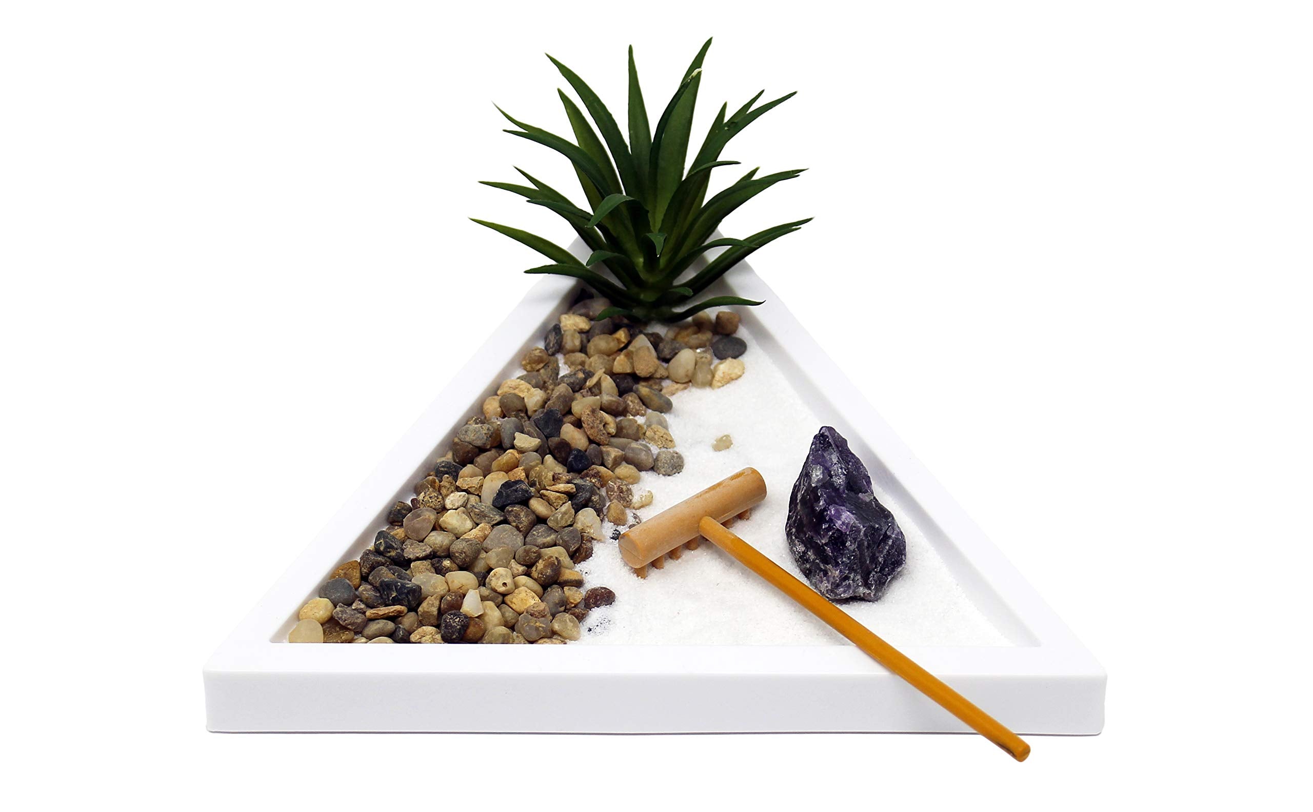 Natures Mark Mini Zen Garden Kit for Desk with White Sand, Rake, White Base, Salt Rock and Air Plant (Triangle)