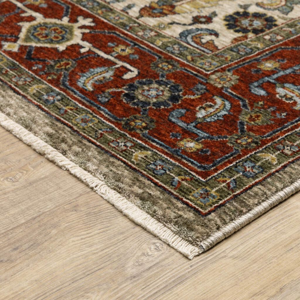 HomeRoots 507986 6 x 9 ft. Ivory Red Green Gray Blue & Navy Oriental Power Loom Stain Resistant Rectangle Area Rug with Fringe