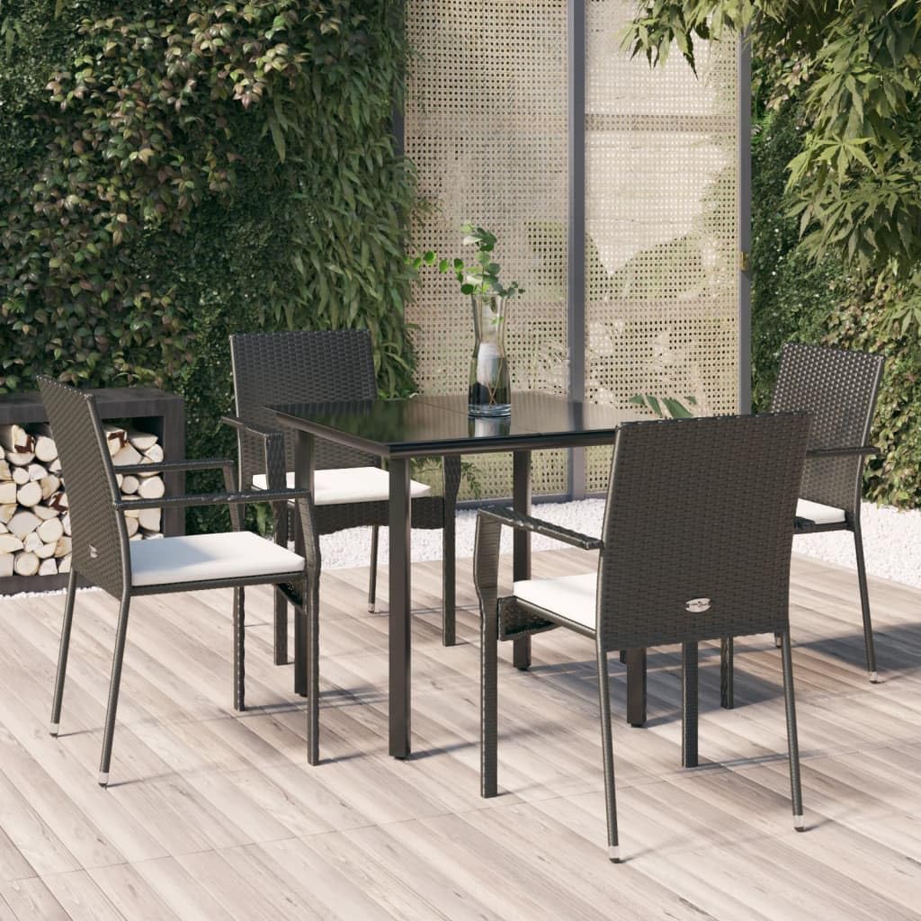 vidaXL 5pc Black PE Rattan and Powder-Coated Steel Patio Dining Set with Cream Cushions and Tempered Glass Table + Easy Assembly