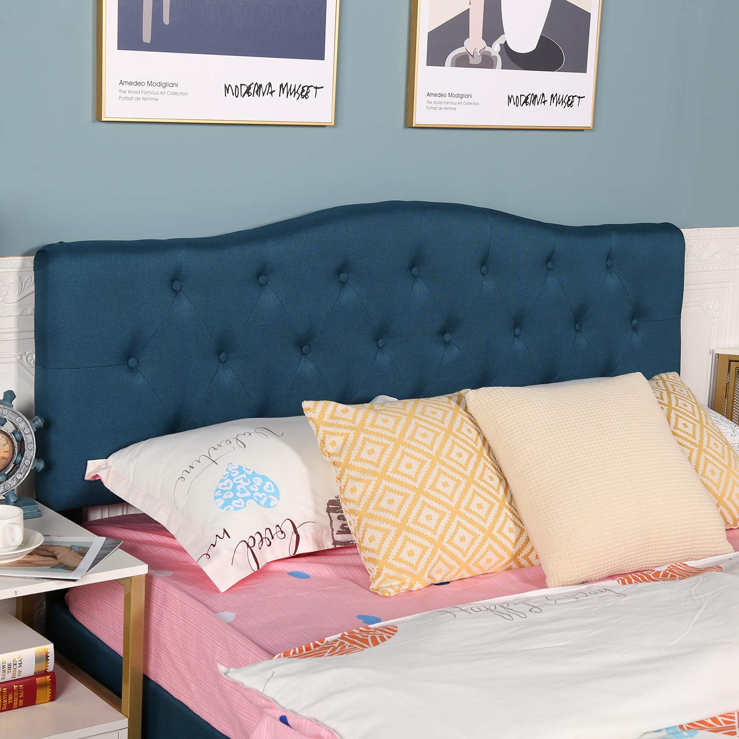 Vecelo Classic Upholstered Platform Bed Diamond Stitched Cloth Panel Headboard/Mattress Foundation/Easy Assembly/Strong Slat Support Full,Blue