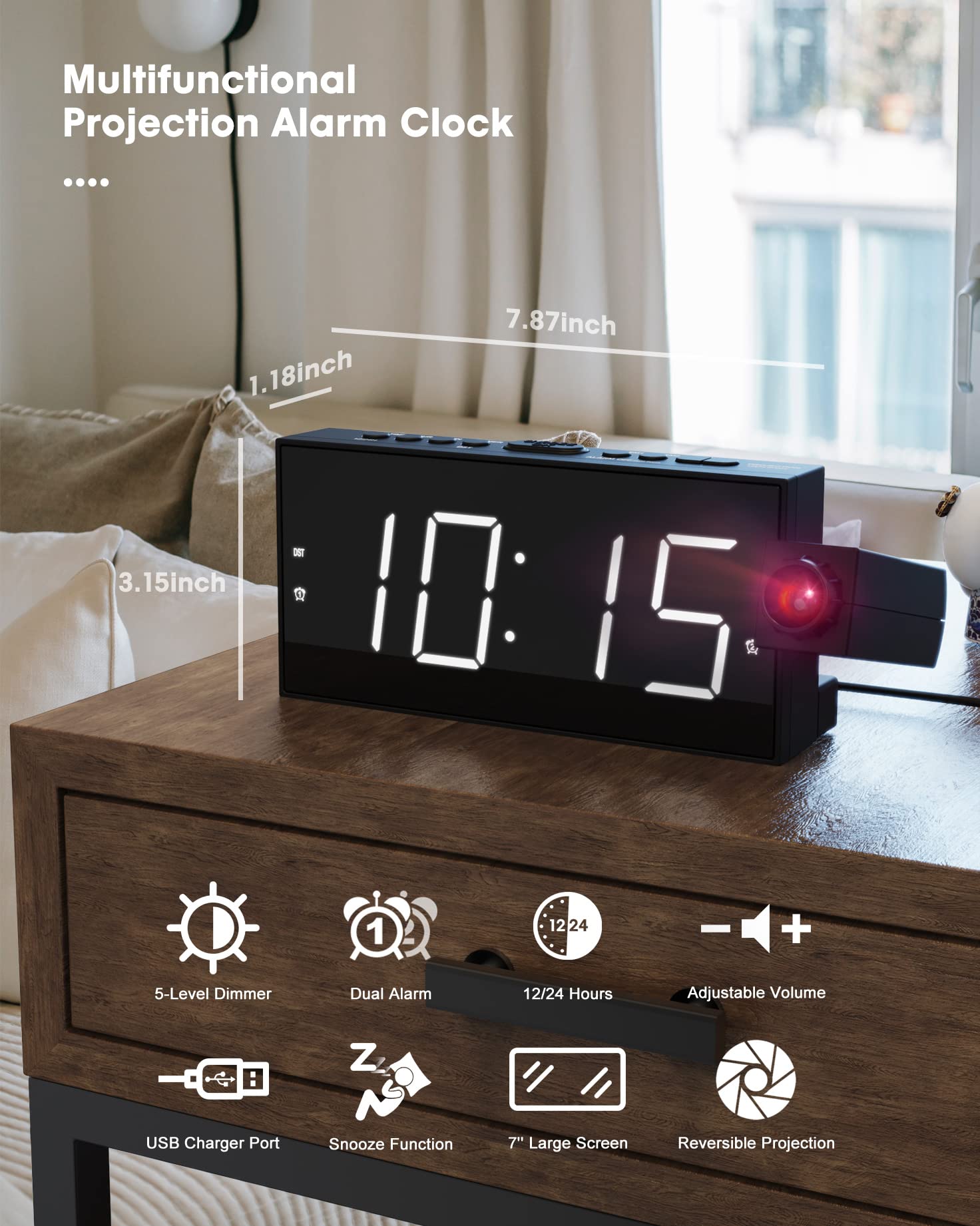 Projection Alarm Clock On Ceiling,Digital Clock For Bedroom With Battery Backup,7   Large Display,Usb Charger,Dimmer,180 Rotatab