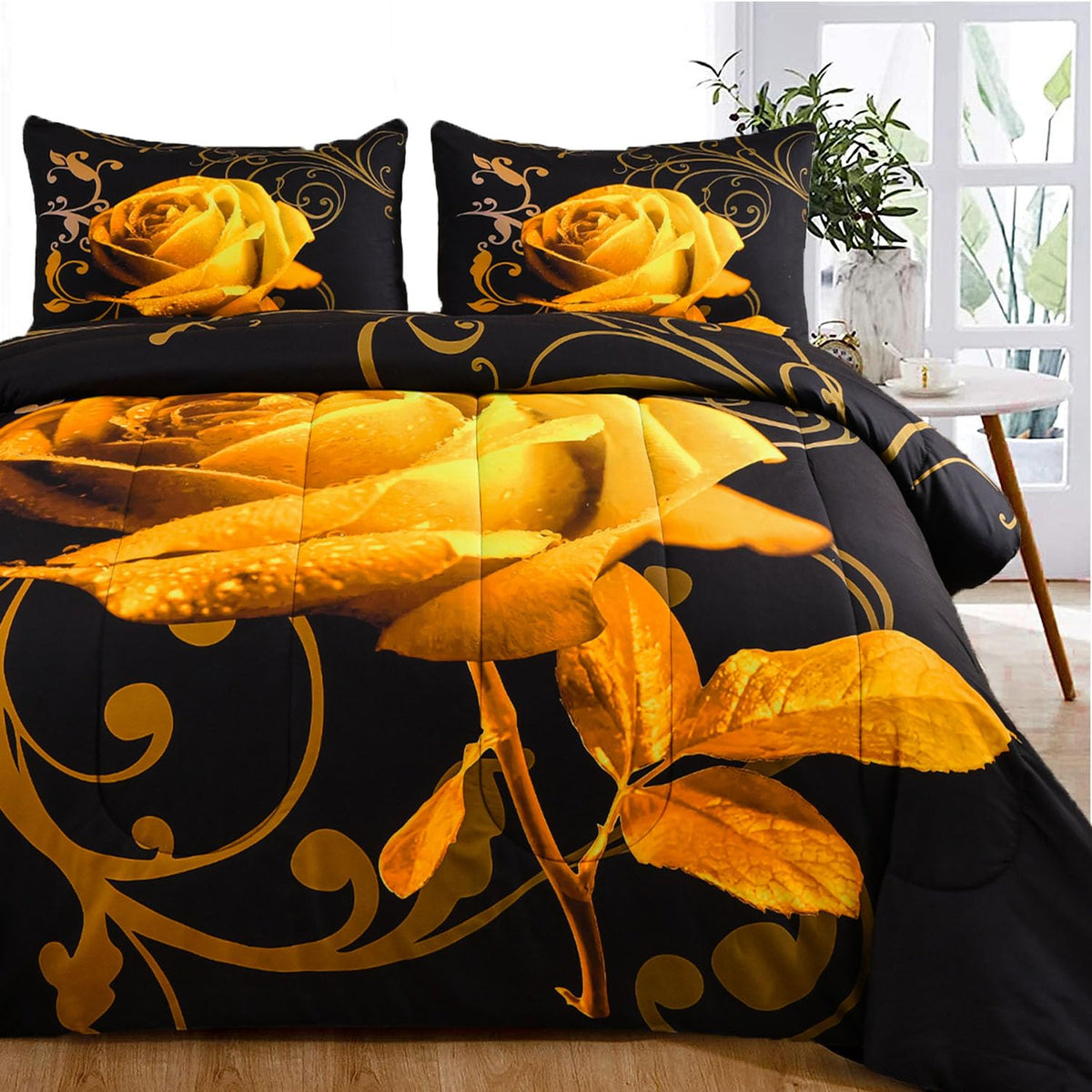 Wongs Bedding Yellow Comforter Set King Valentine'S Day Reversible Yellow Rose Pattern Printed Bedding Comforter Set With 2 Pill