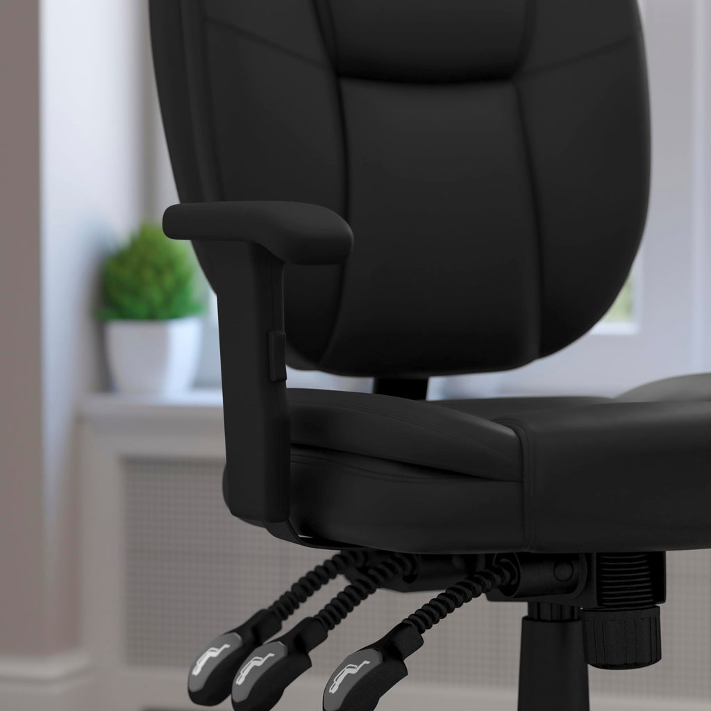 Flash Furniture Caroline Mid-Back Black Leathersoft Multifunction Swivel Ergonomic Task Office Chair With Pillow Top Cushioning And Arms