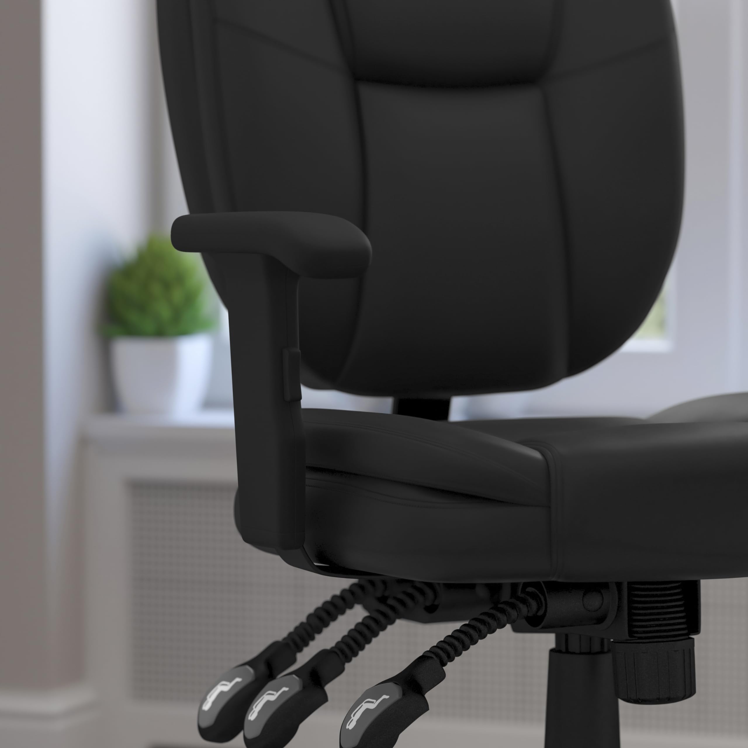 Flash Furniture Caroline Mid-Back Black Leathersoft Multifunction Swivel Ergonomic Task Office Chair With Pillow Top Cushioning And Arms