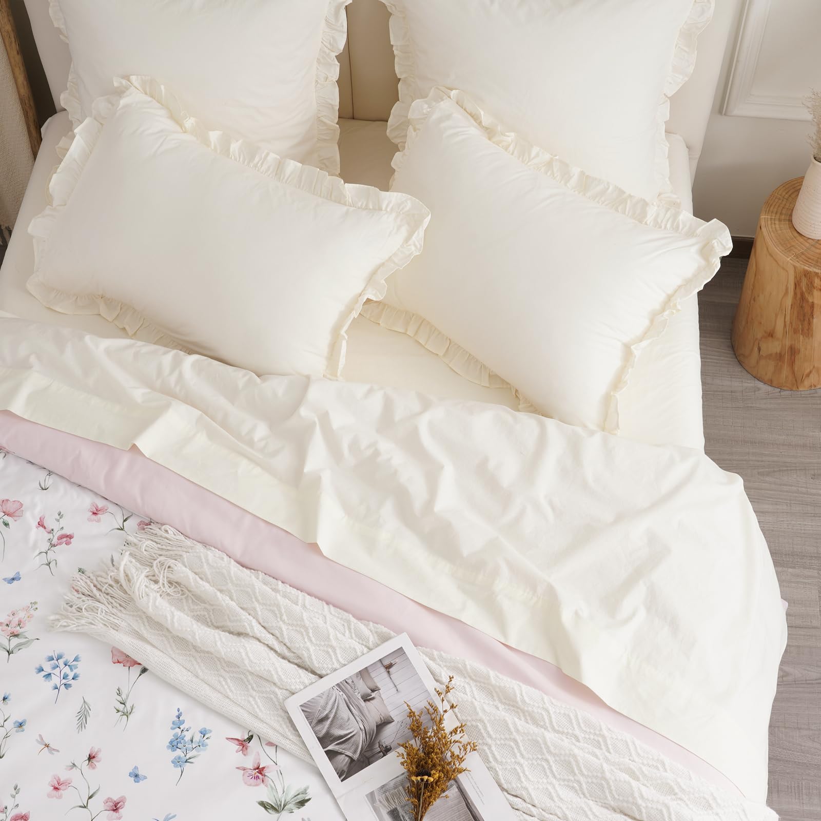 Phf 100% Washed Cotton Ruffle Pillowcases Standard Size, 2 Pack 20'' X 26'' Pillow Shams, No Insert, Ultra Soft Cotton Pillow Ca