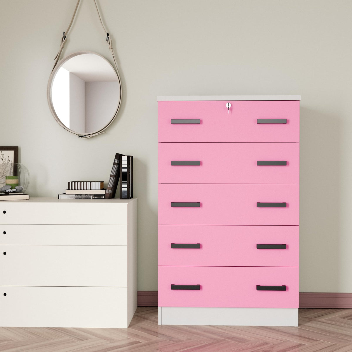 Better Home Products 5 Drawer Chest-Dresser With Lock (White & Pink)