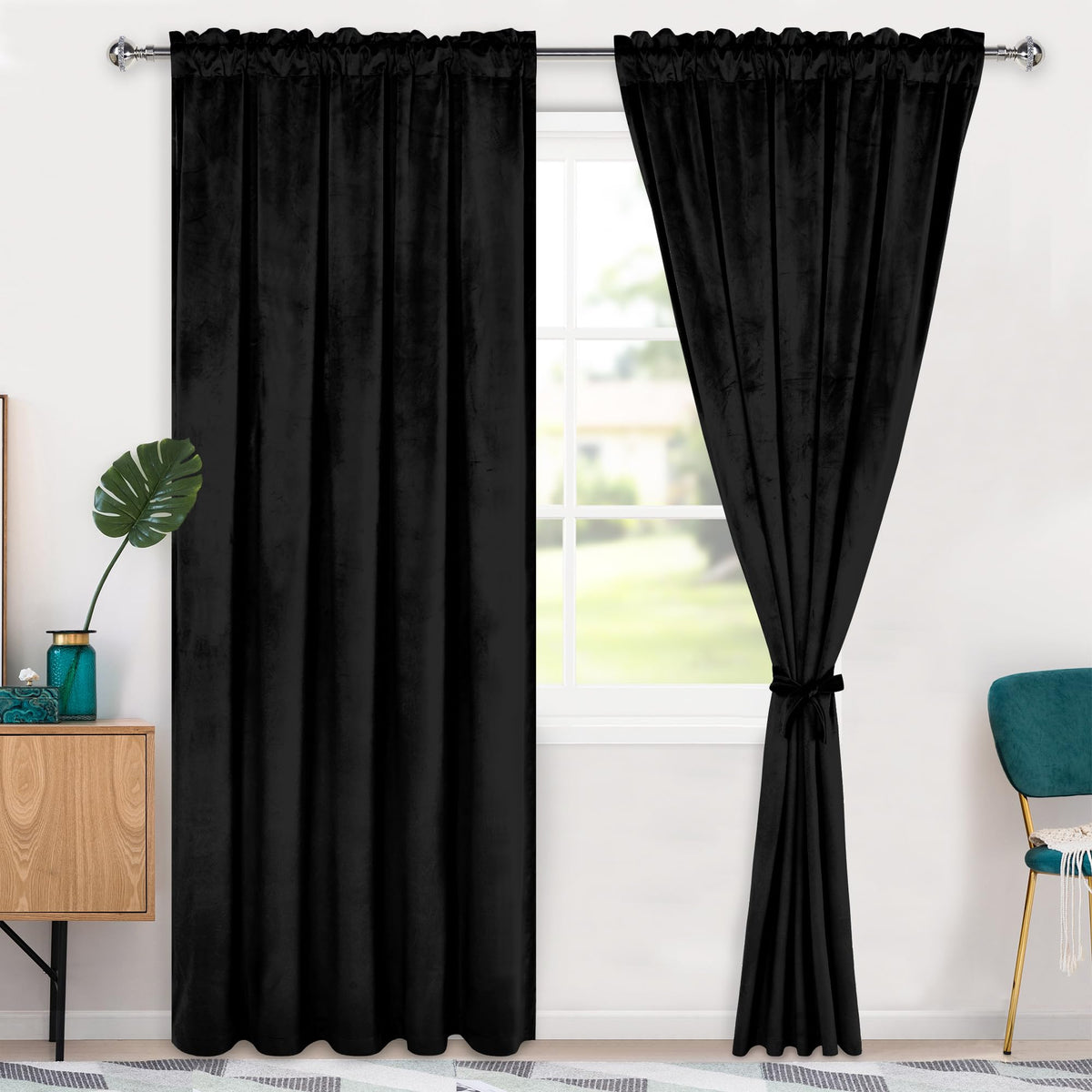 Hiasan Black Velvet Curtains 84 Inch Blackout Rod Pocket Thermal Insulated Soft Curtains Room Darkening Window Drapes With Tieba