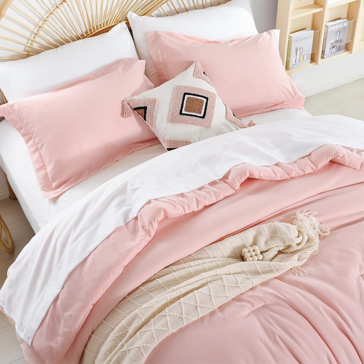 Weigelia Queen Comforter Set Boho Bed Comforter Set 7Pc Blush Comforter Queen Size Soft All Season Microfiber Pink Comforter Wit