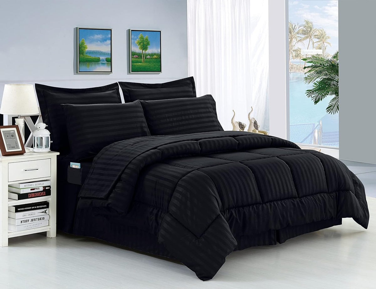 Elegant Comfort Wrinkle Resistant - Silky Soft Dobby Stripe Bed-In-A-Bag 8-Piece Comforter Set - Full/Queen, Black
