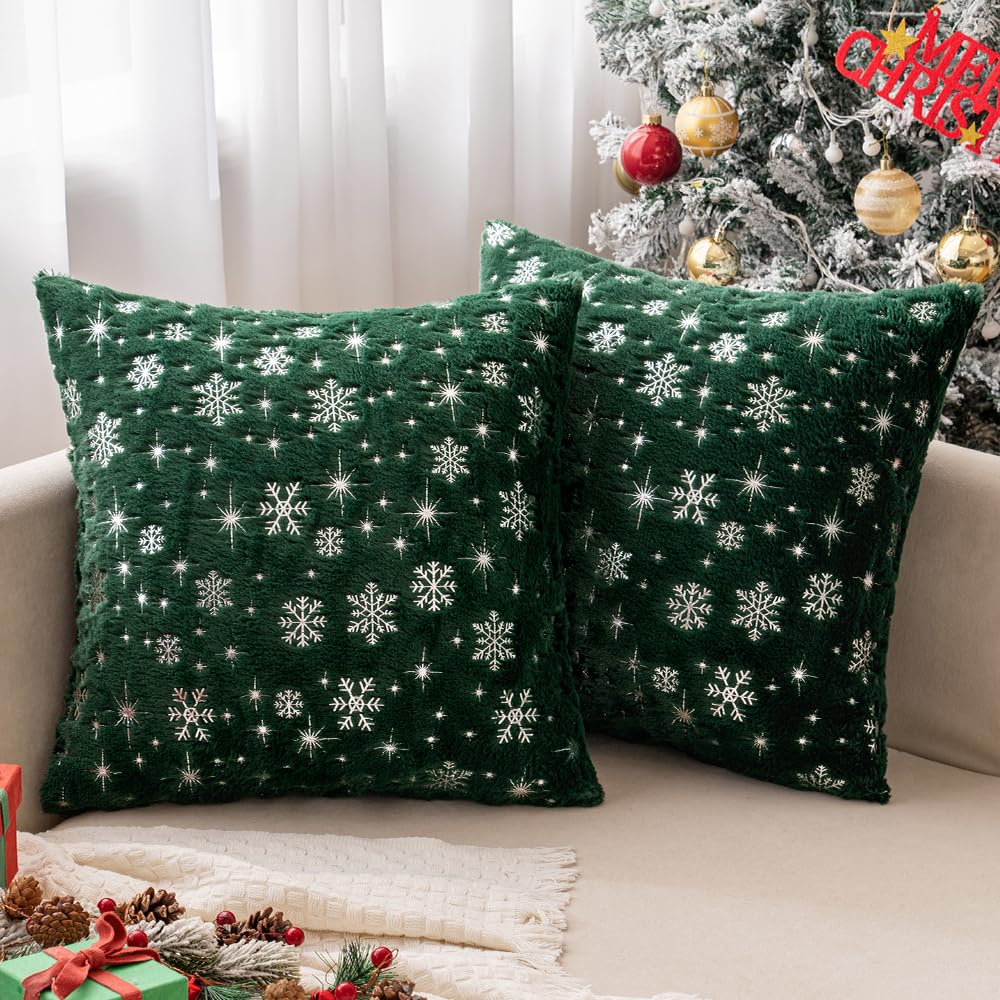 Miulee Christmas Dark Green Decorative Throw Pillow Covers Set Of 2 Soft Faux Fur Winter Pillow Covers With Silver Snowflake Gli