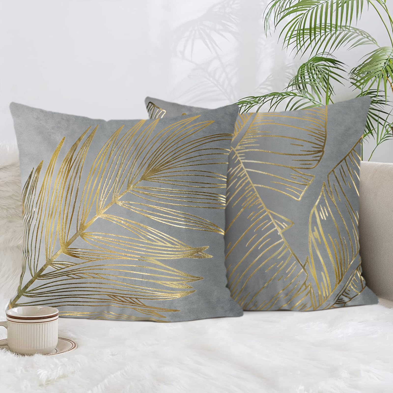 Bonhause Grey Gold Leaves Throw Pillow Covers 18X18 Set Of 2 Gold Foil Stamping Decorative Pillow Cases Soft Velvet For Sofa Bed