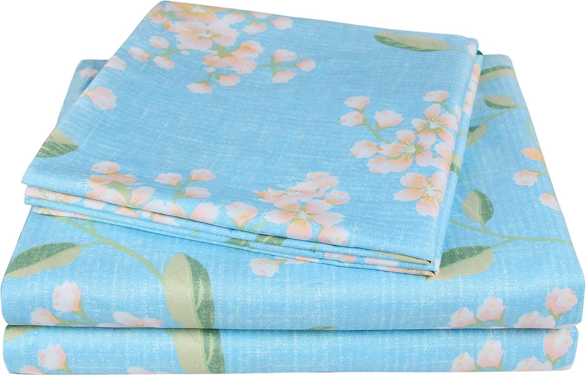Jsd Blue Floral Printed Sheet Set Twin Size, 3 Piece Soft Pattern Microfiber Sheets Extra Deep Pocket