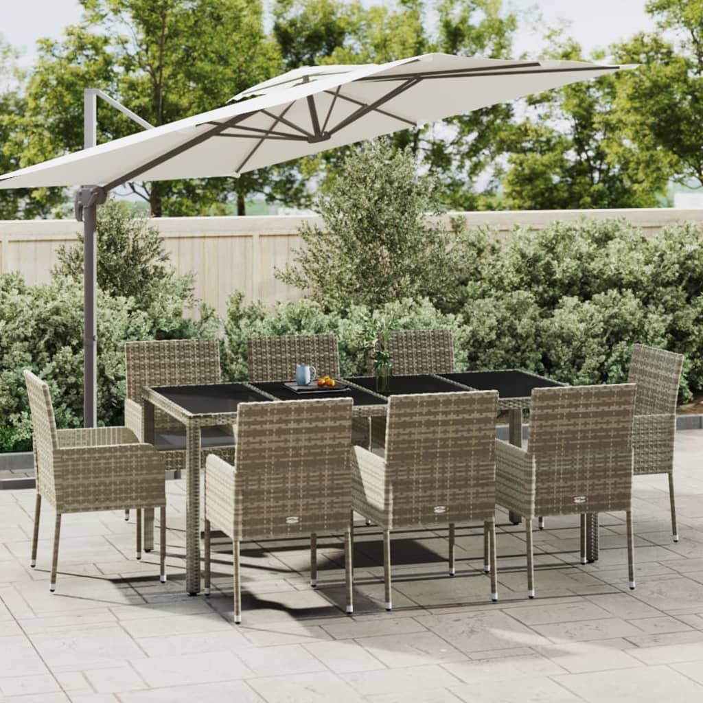 vidaXL Gray Poly Rattan 9-Piece Outdoor Patio Dining Set Featuring Tempered Glass Tabletop & Cushion, Weather-Resistant, Sturdy Steel Frame & Flexible Modular Design